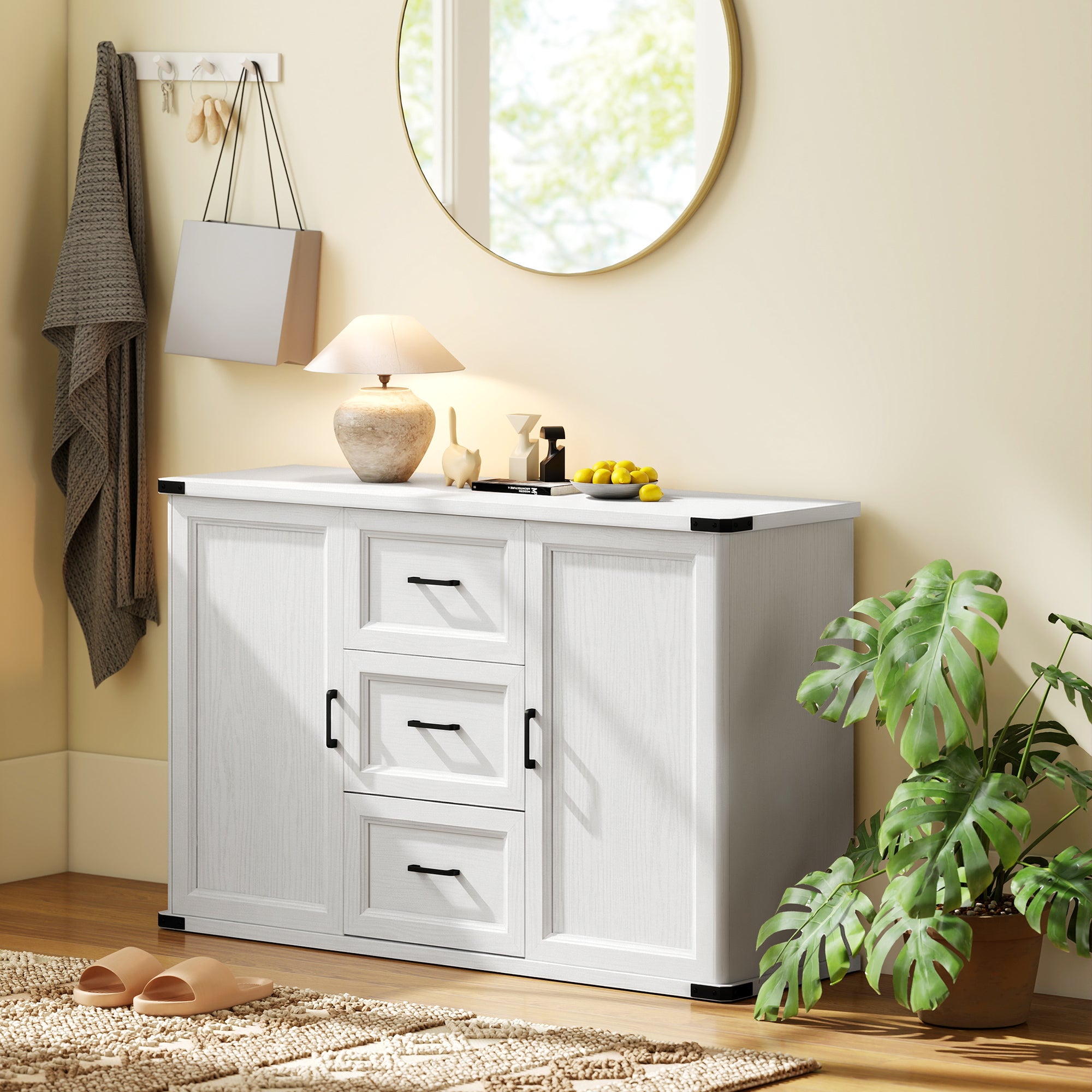 Modern Sideboard Buffet Cabinet with 3 Drawers and 2 Doors, 47" Coffee Bar Cabinet with Adjustable Shelves for Kitchen, White Wood Grain