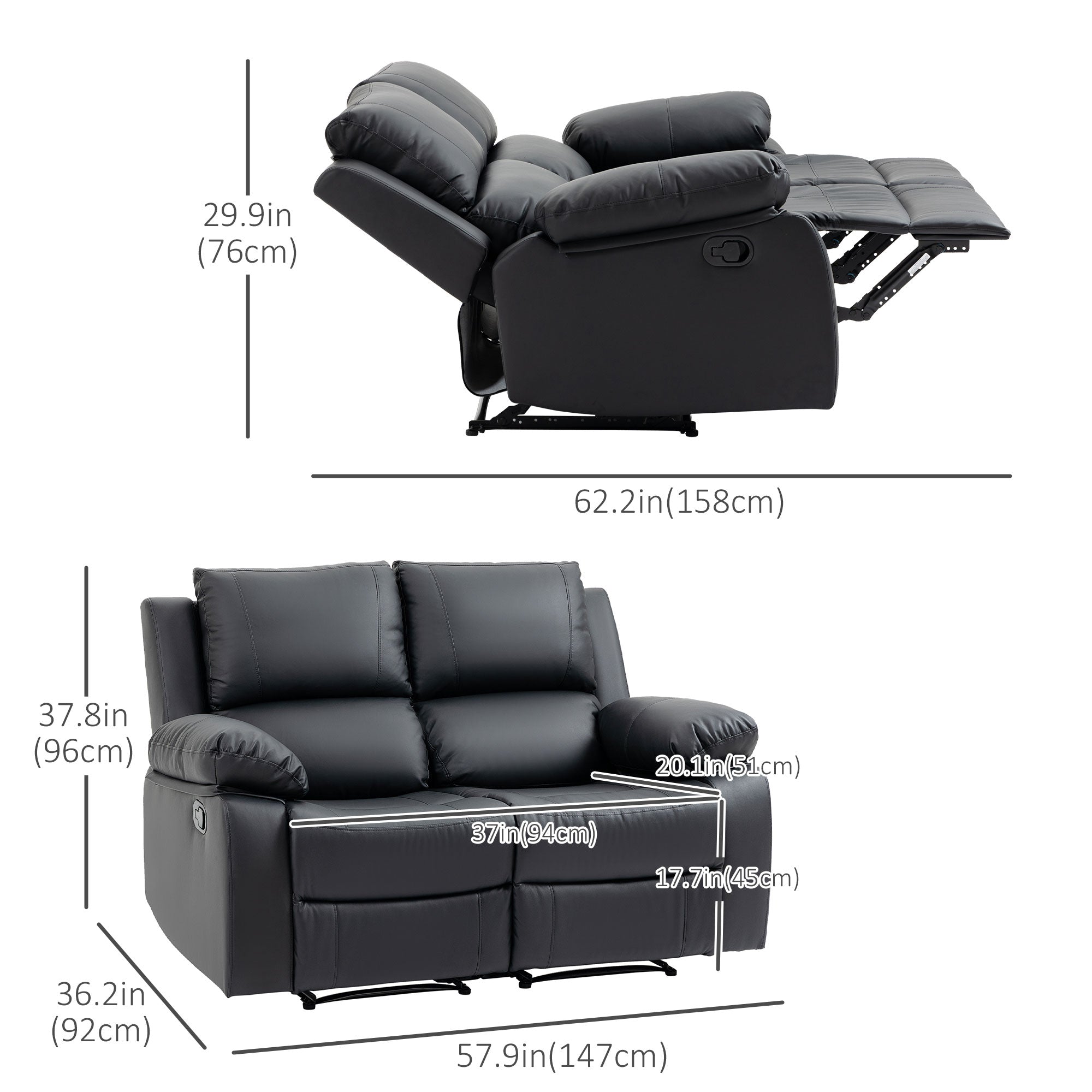 HOMCOM Double Reclining Loveseat, PU Leather Manual Recliner Chair with Pullback Control Footrest for Living Room, Black