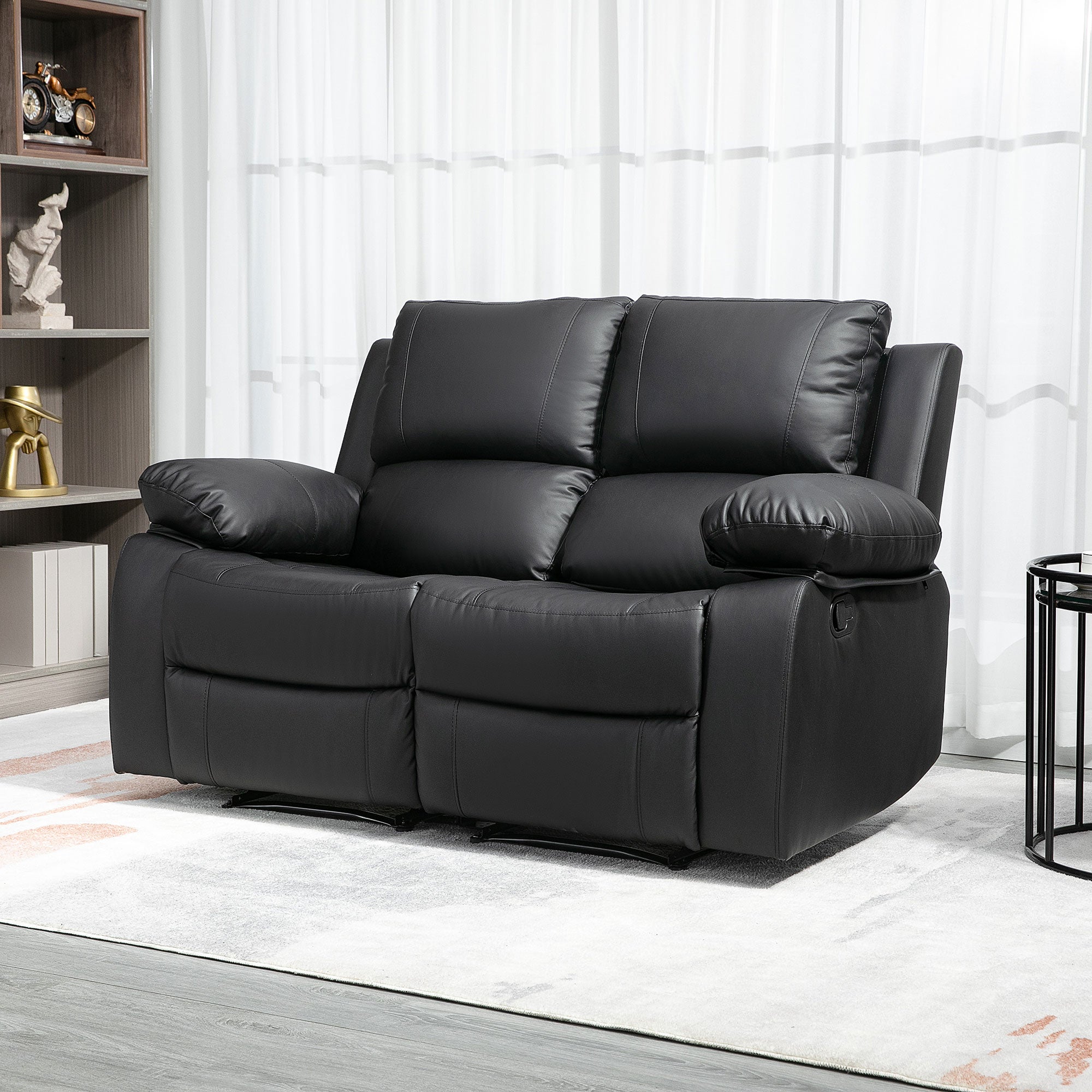 HOMCOM Double Reclining Loveseat, PU Leather Manual Recliner Chair with Pullback Control Footrest for Living Room, Black