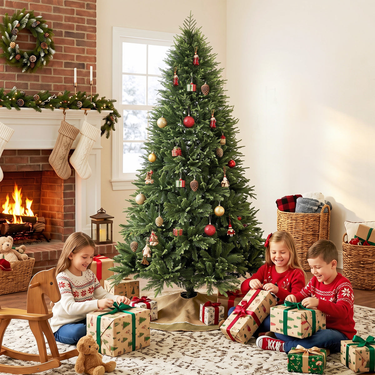 7ft Artificial Christmas Tree, Hinged Xmas Tree with Dense 1071 PE & PVC Branch Tips, Realistic Fir Wood Base, Auto Open for Home Office Decor, Green