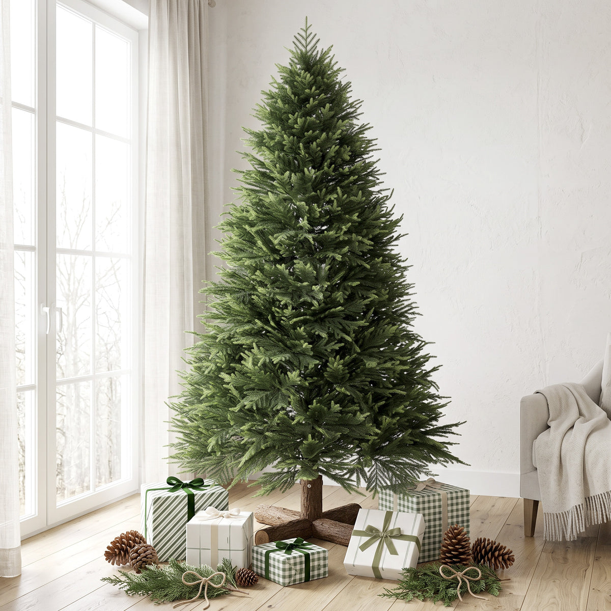7ft Artificial Christmas Tree, Hinged Xmas Tree with Dense 1071 PE & PVC Branch Tips, Realistic Fir Wood Base, Auto Open for Home Office Decor, Green
