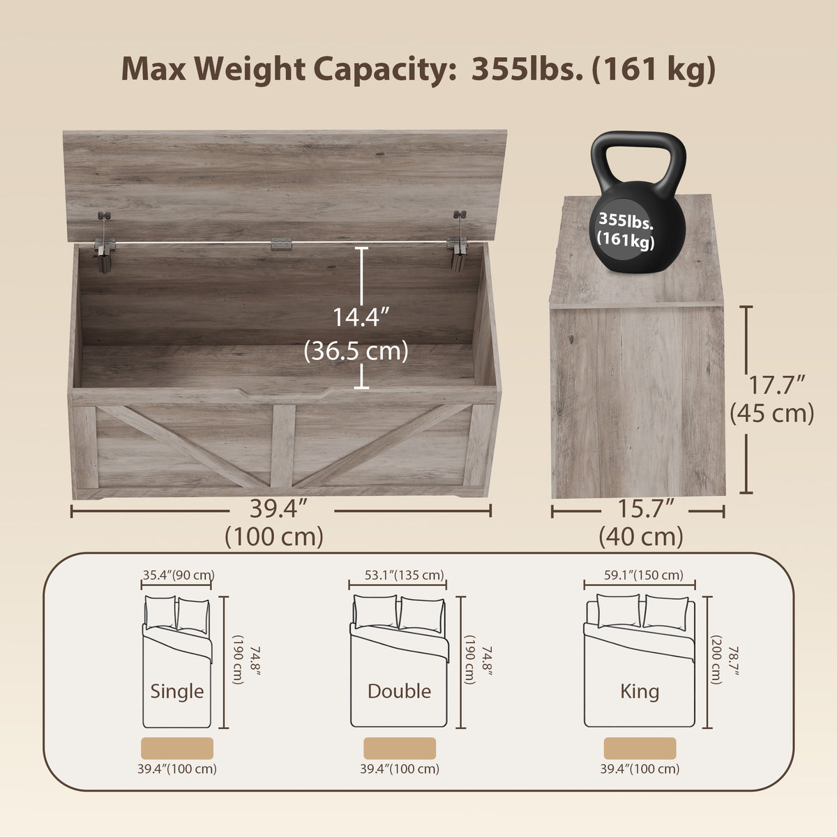 Storage Chest, Storage Bench with 2 Safety Hinges and U-shaped Cut-out Pull for Living Room, Entryway, 39.4" x 15.7" x 17.7", Supports 300 lbs, Grey Wood Grain