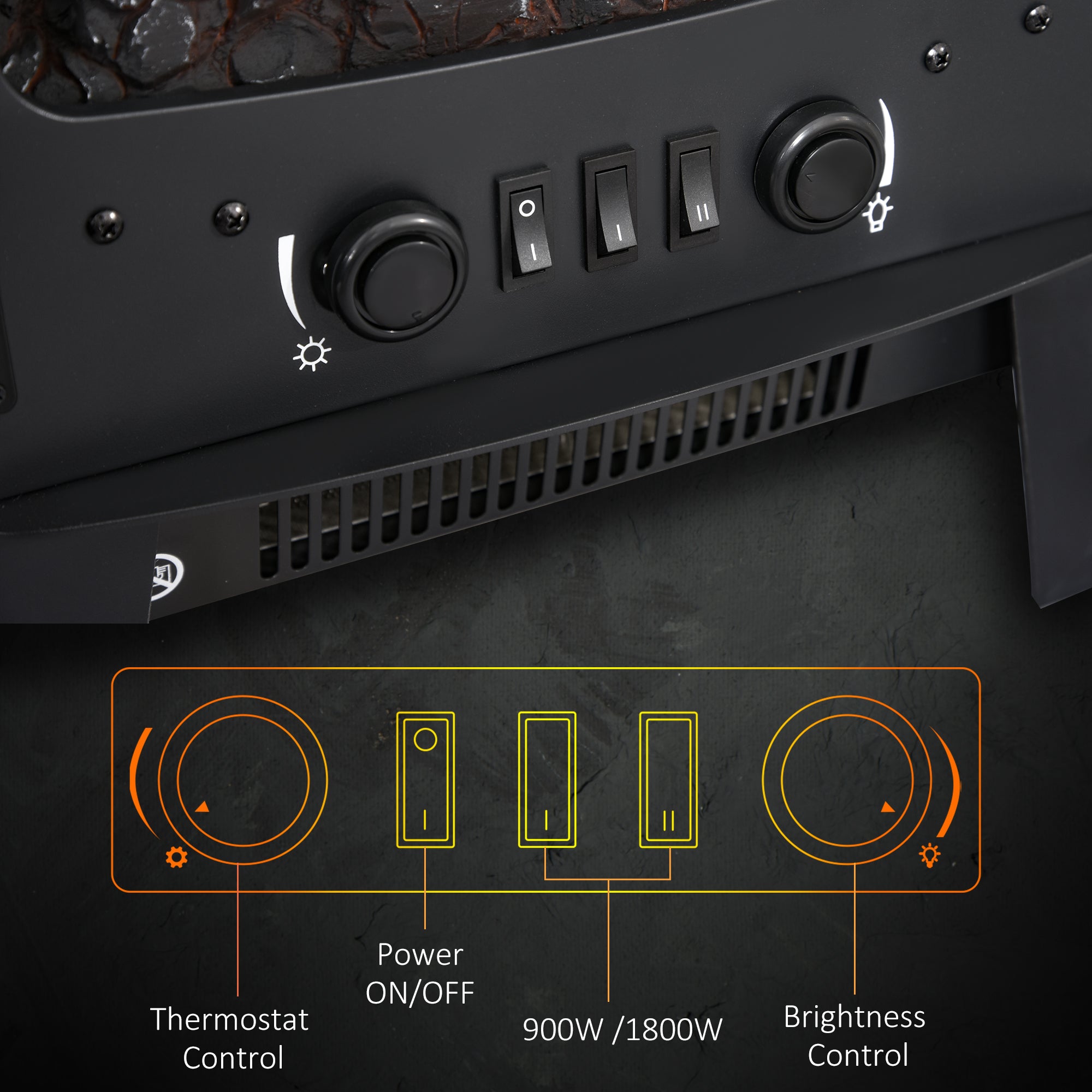 900W/1800W Freestanding Electric Fireplace Room Heater w/ Adjustable Artificial Flame Tempered Glass Safe Home Warmth Retro Faux Fire