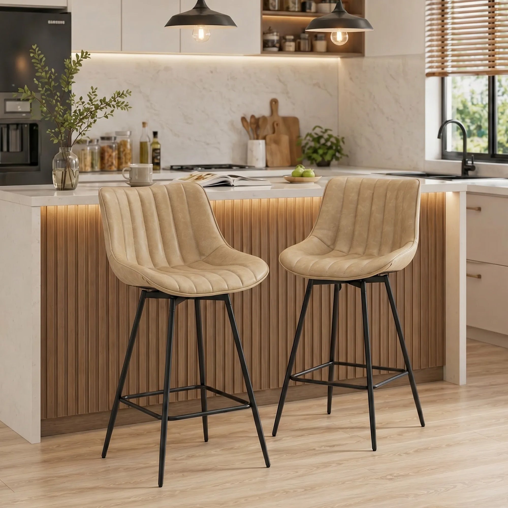 Swivel Bar Stools Set of 2, Textured Faux Leather Counter Stools with Backrest and Footrest, Height Adjustable Breakfast Chairs for Kitchen Island, Home Bar, Dining Room, Light Brown