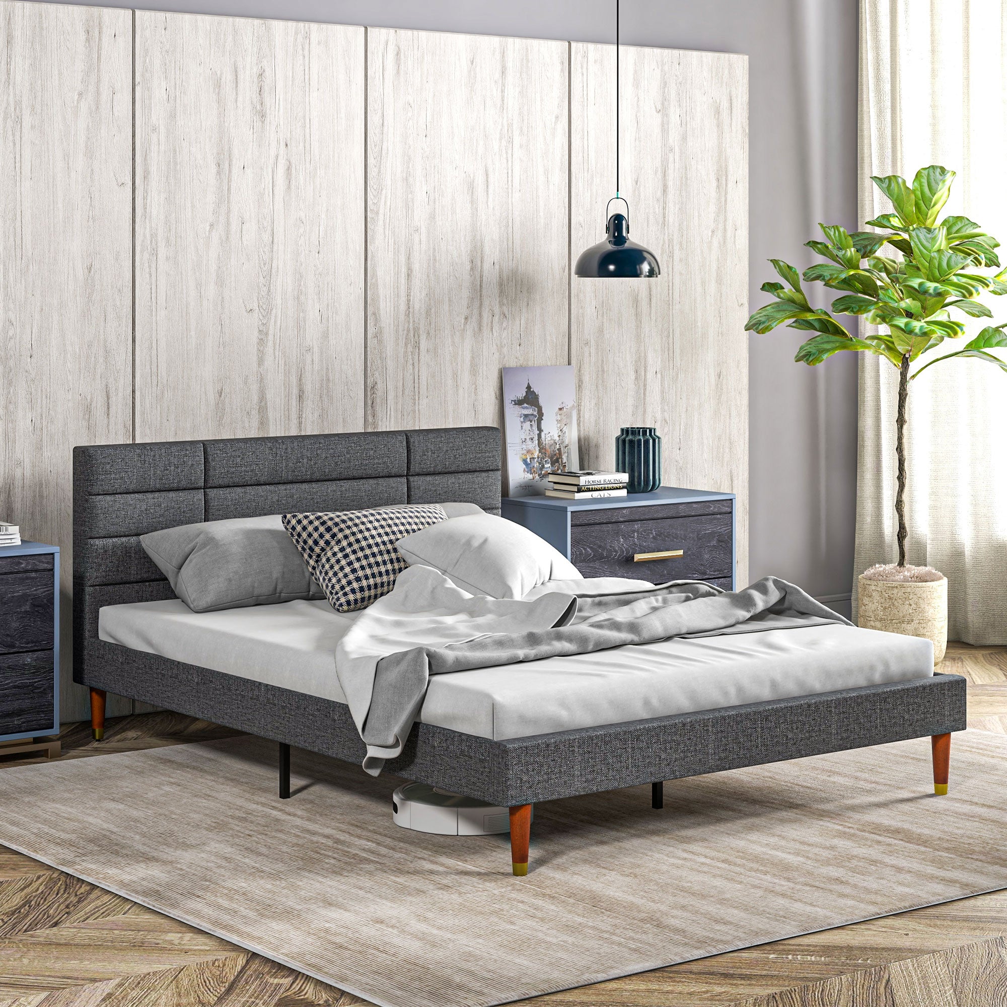HOMCOM 5ft King Bed Frame with Underbed Storage, Upholstered Platform Bed Frame with Tufted Headboard and Wood Slat Support, No Box Spring Needed, Easy Assembly, Grey