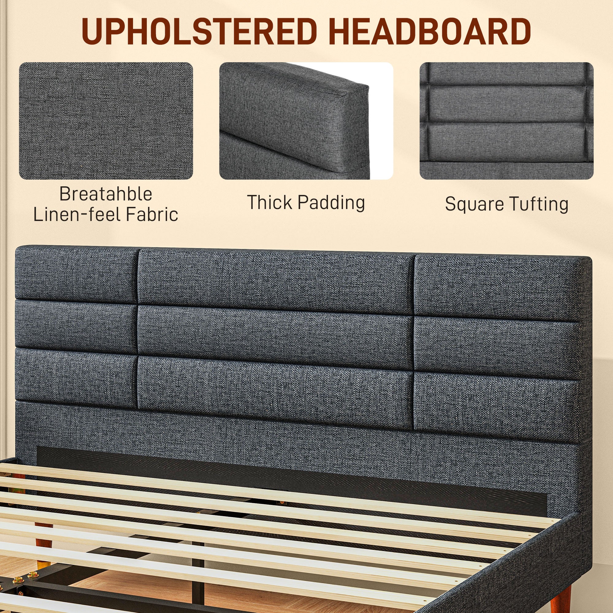 HOMCOM 5ft King Bed Frame with Underbed Storage, Upholstered Platform Bed Frame with Tufted Headboard and Wood Slat Support, No Box Spring Needed, Easy Assembly, Grey