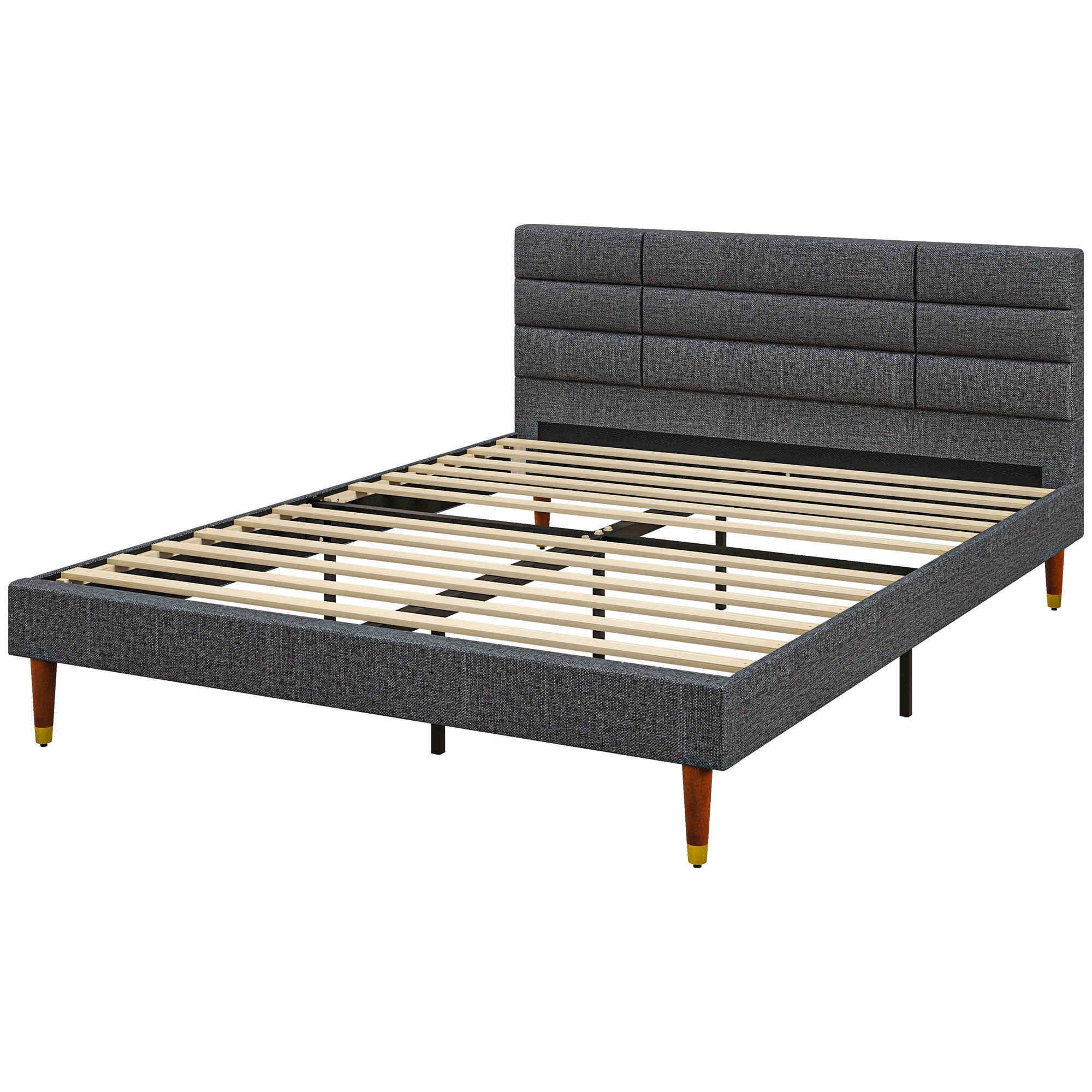 HOMCOM 5ft King Bed Frame with Underbed Storage, Upholstered Platform Bed Frame with Tufted Headboard and Wood Slat Support, No Box Spring Needed, Easy Assembly, Grey