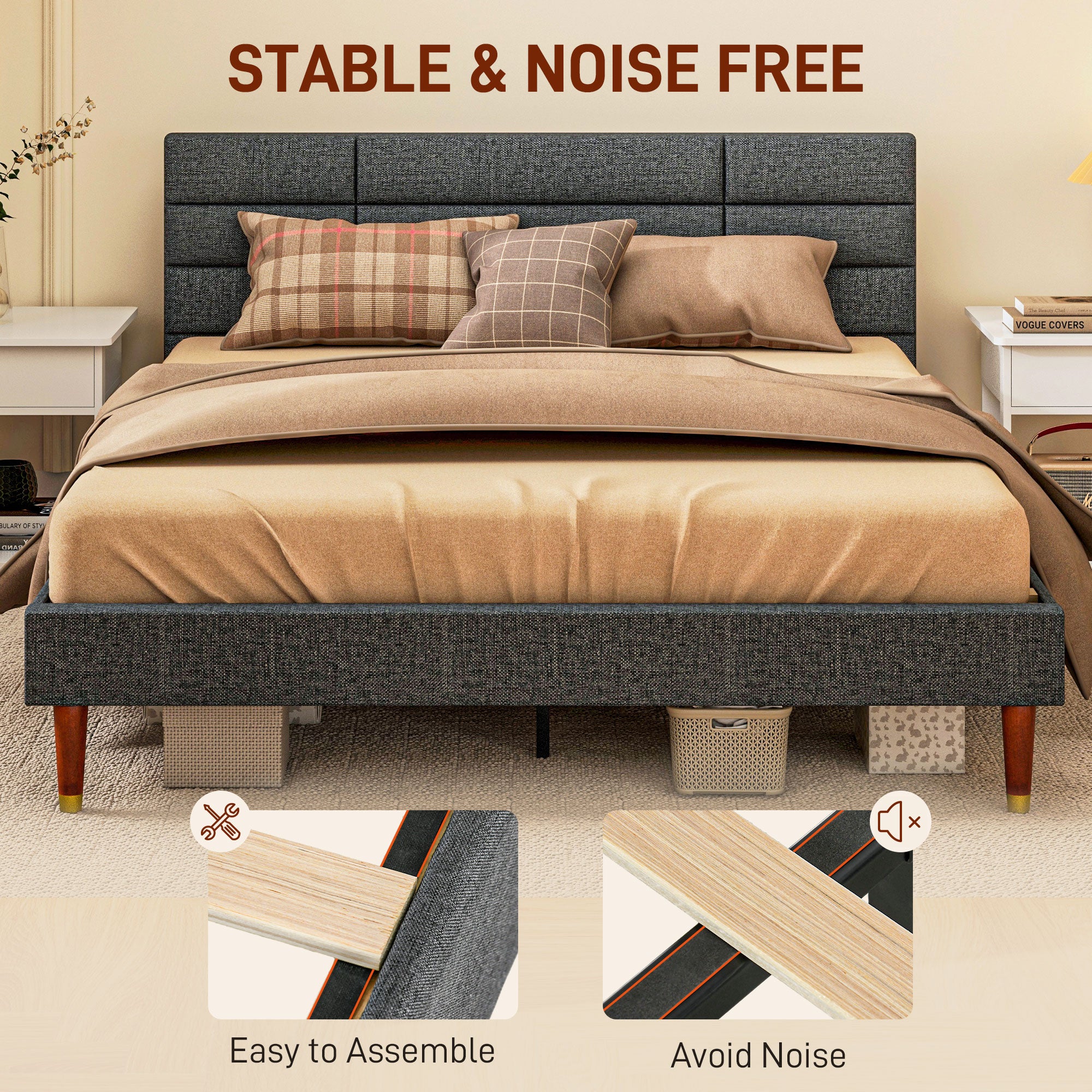 HOMCOM 5ft King Bed Frame with Underbed Storage, Upholstered Platform Bed Frame with Tufted Headboard and Wood Slat Support, No Box Spring Needed, Easy Assembly, Grey