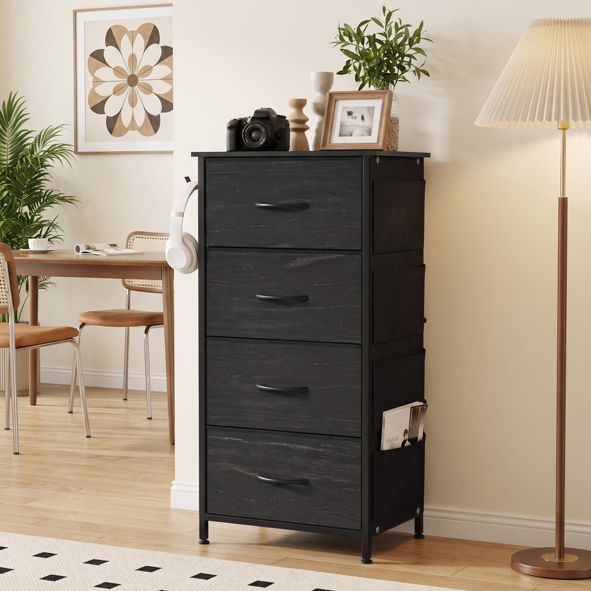 Chest of Drawers, Dresser for Bedroom with 4 Fabric Drawers, Tall Storage Unit with 4 Pockets, 2 Hooks and Steel Frame for Living Room, Hallway, Black