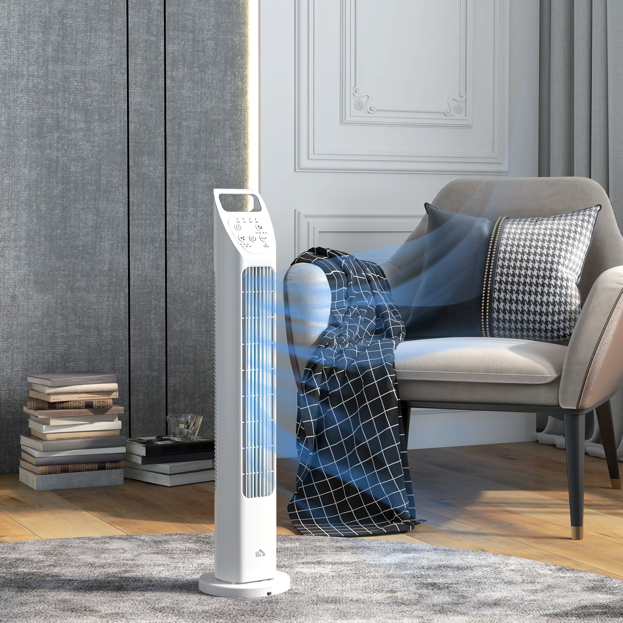 HOMCOM 31" Oscillating Tower Fan with Remote Control, 4H Timer, 3 Speed 3 Modes, Quiet Electric Floor Standing Fan for Home Bedroom Office, White