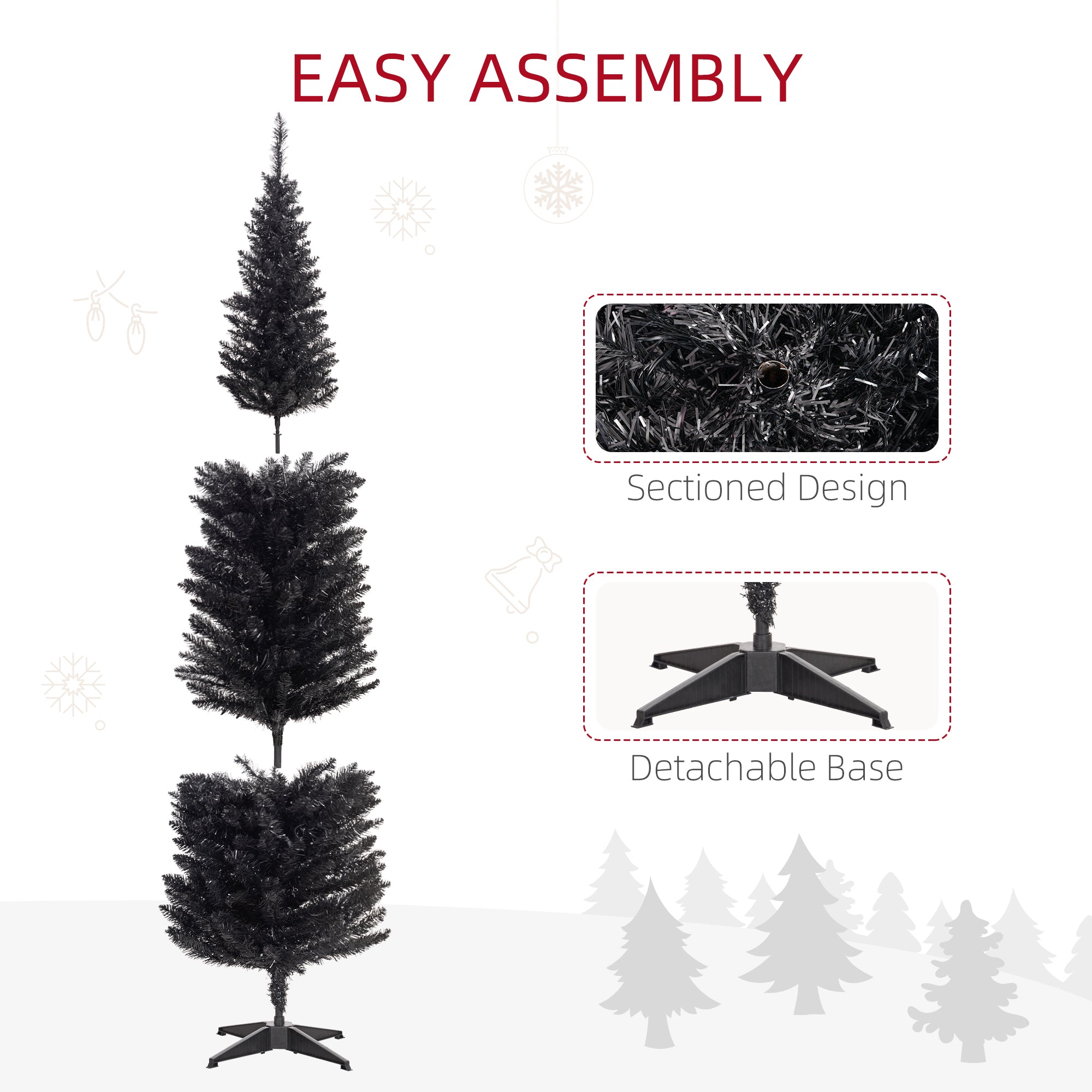 7ft Pencil Christmas Tree Slim Artificial Tree with Realistic Branches and Warm White LED Lights Black