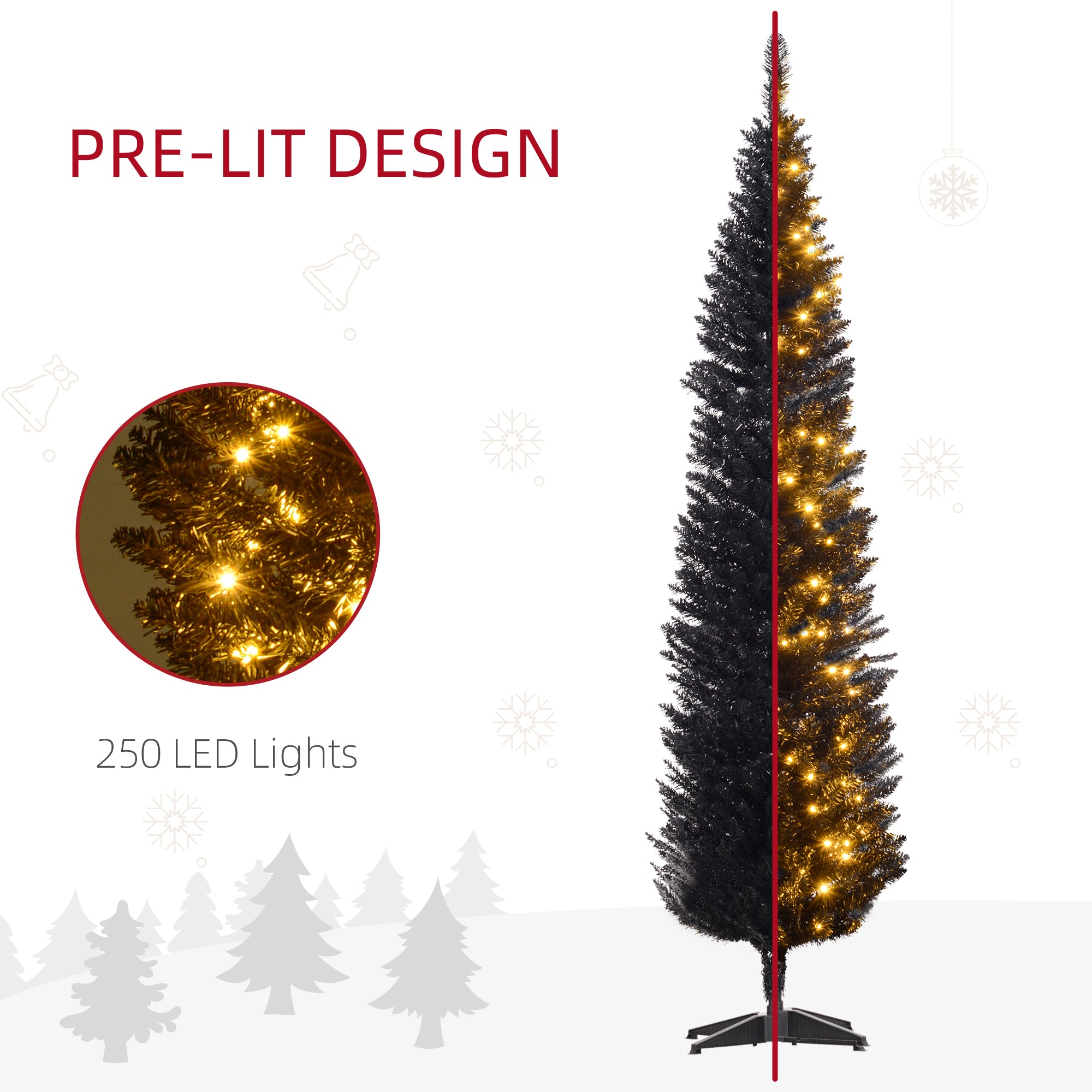 7ft Pencil Christmas Tree Slim Artificial Tree with Realistic Branches and Warm White LED Lights Black