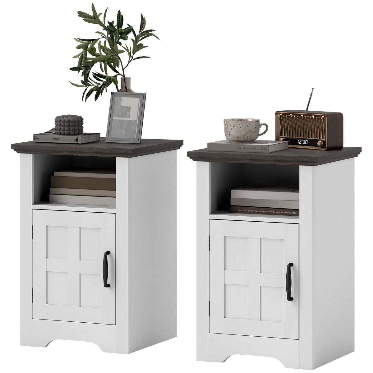 Set of 2 Side Tables with Barn Door and Open Shelf, Farmhouse End Tables with Cabinet, Nightstands for Living Room, Bedroom, White