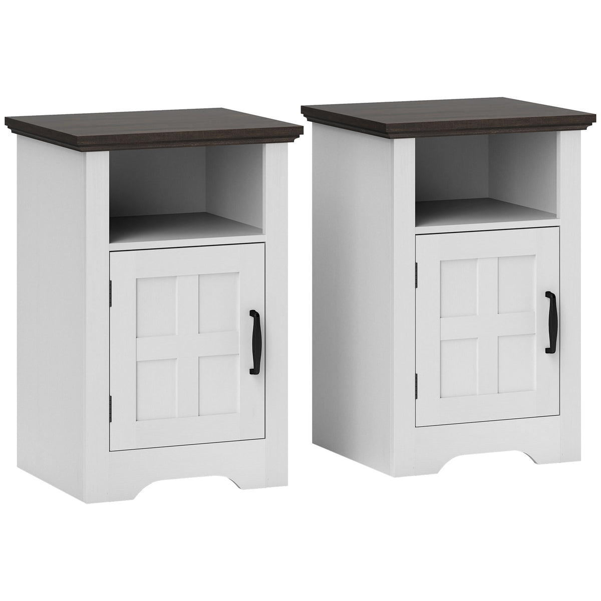 Set of 2 Side Tables with Barn Door and Open Shelf, Farmhouse End Tables with Cabinet, Nightstands for Living Room, Bedroom, White