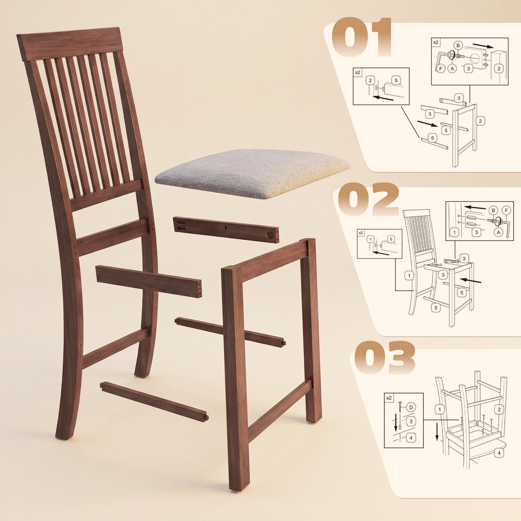 Bar Stools Set of 2, Modern Upholstered Barstools with High Back and Rubberwood Legs, Counter Height Kitchen Chairs for Kitchen Island Dining Room Home Bar, Gray and Dark Brown