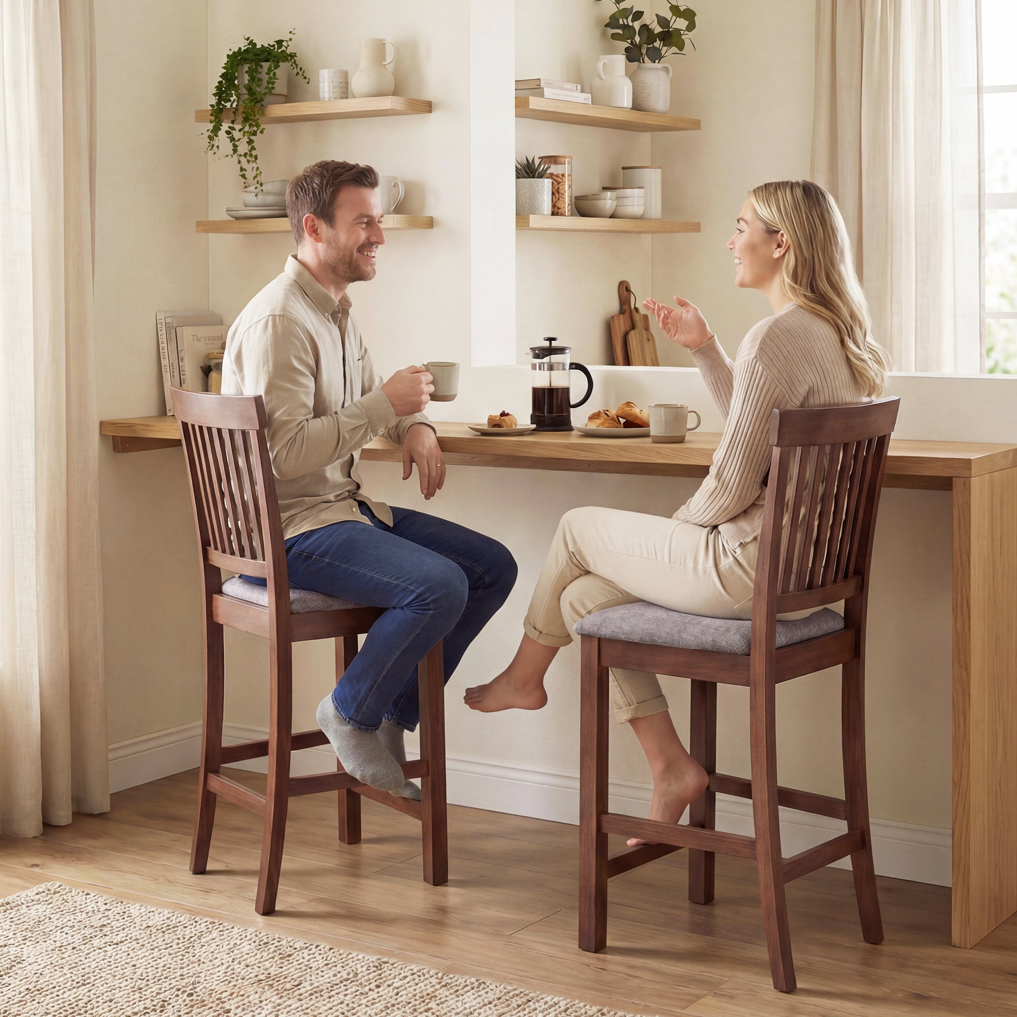 Bar Stools Set of 2, Modern Upholstered Barstools with High Back and Rubberwood Legs, Counter Height Kitchen Chairs for Kitchen Island Dining Room Home Bar, Gray and Dark Brown
