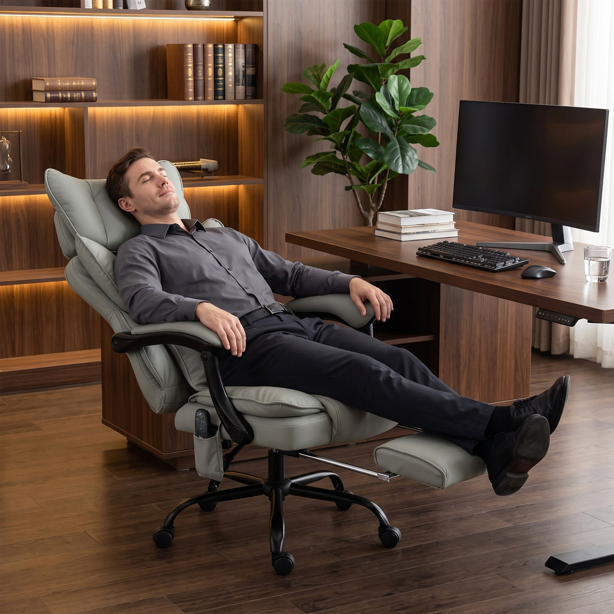 High Back Vibration Massage Office Chair, Heated Reclining PU Leather Computer Chair with Headrest, Footrest, Spring Cushions, Wide Seat, Adjustable Height, 360° Swivel, Lumbar Pillow, Gray