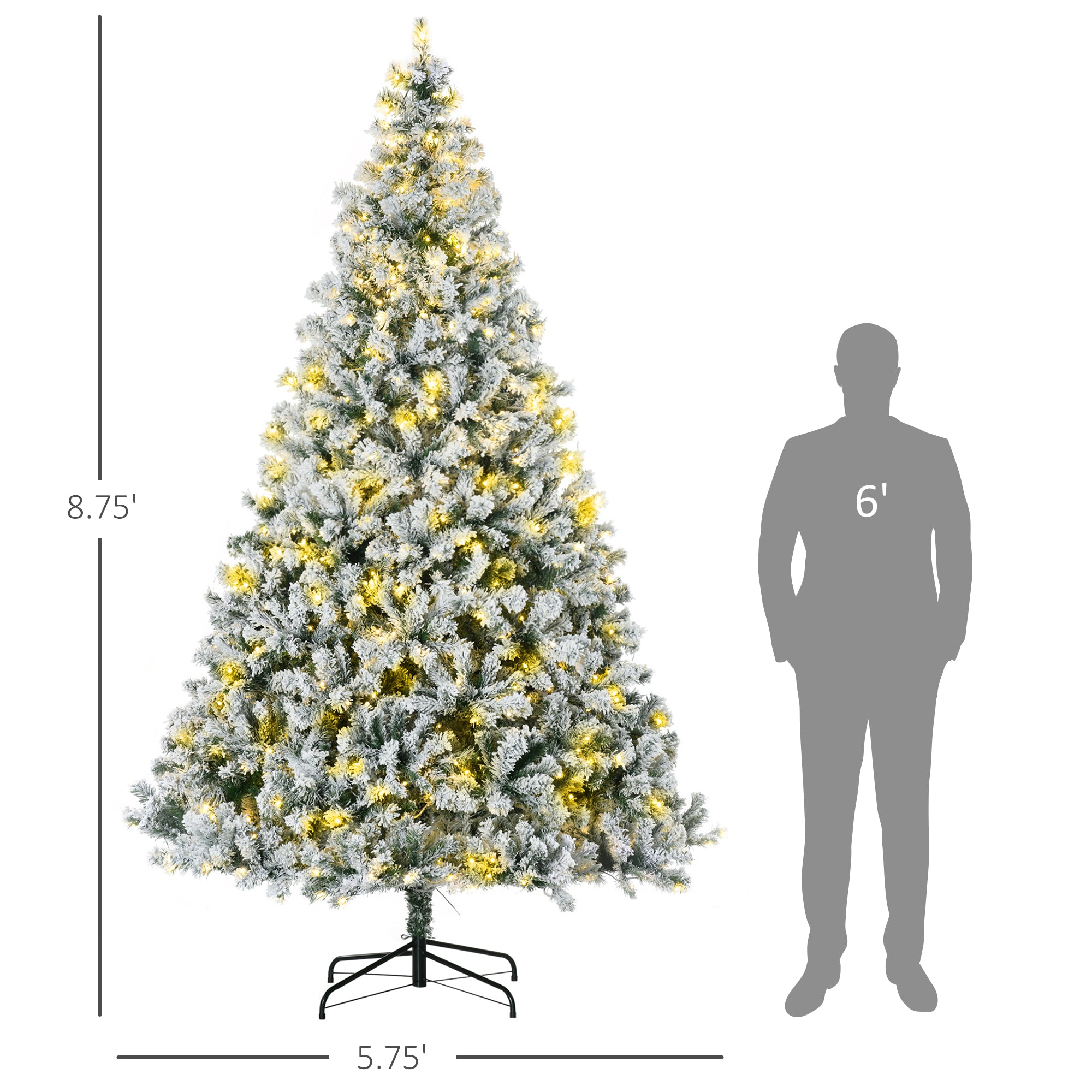 9' Artificial Snow Christmas Trees with Frosted Branches, Warm White or Colorful LED Lights, Steel Base