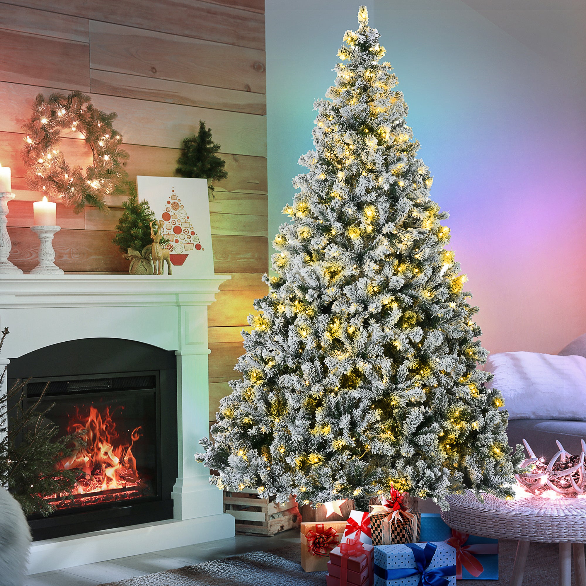 9' Artificial Snow Christmas Trees with Frosted Branches, Warm White or Colorful LED Lights, Steel Base