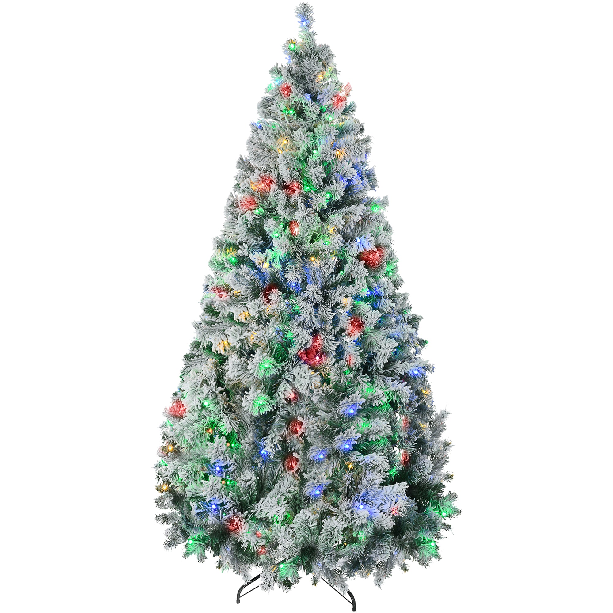 9' Artificial Snow Christmas Trees with Frosted Branches, Warm White or Colorful LED Lights, Steel Base