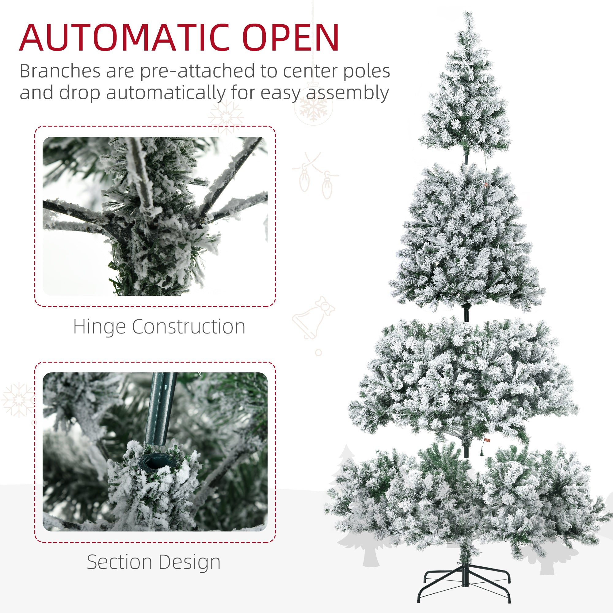 9' Artificial Snow Christmas Trees with Frosted Branches, Warm White or Colorful LED Lights, Steel Base