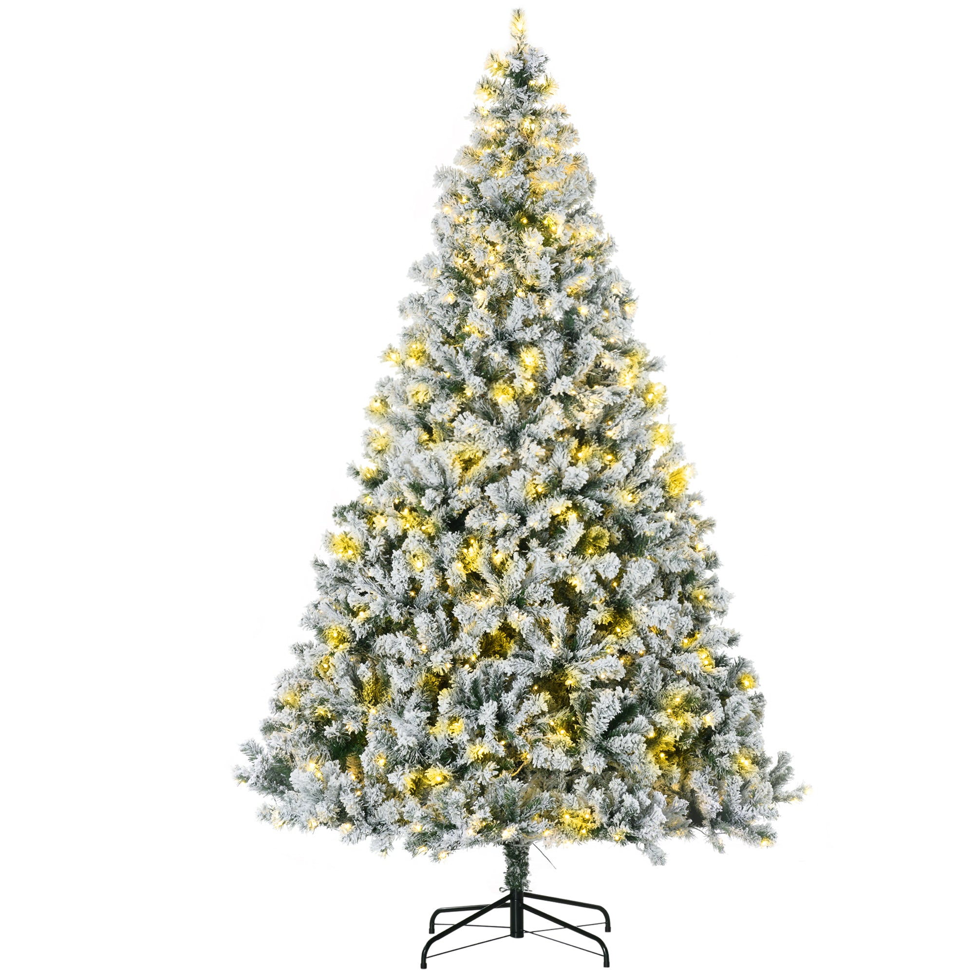 9' Artificial Snow Christmas Trees with Frosted Branches, Warm White or Colorful LED Lights, Steel Base