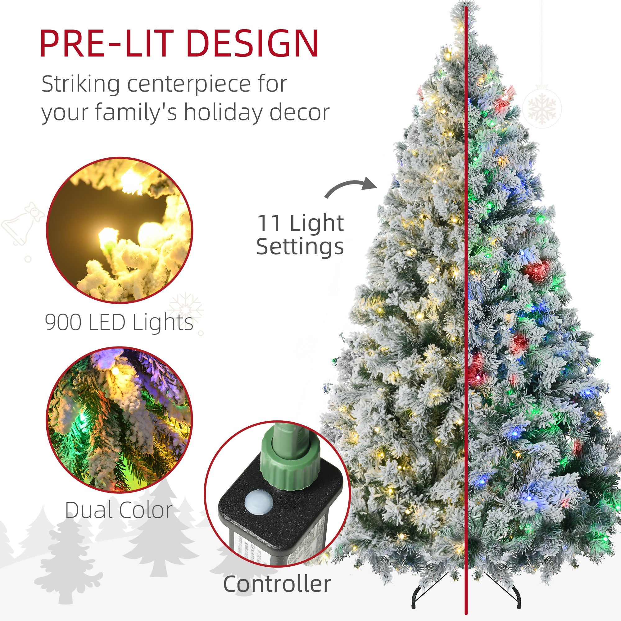 9' Artificial Snow Christmas Trees with Frosted Branches, Warm White or Colorful LED Lights, Steel Base