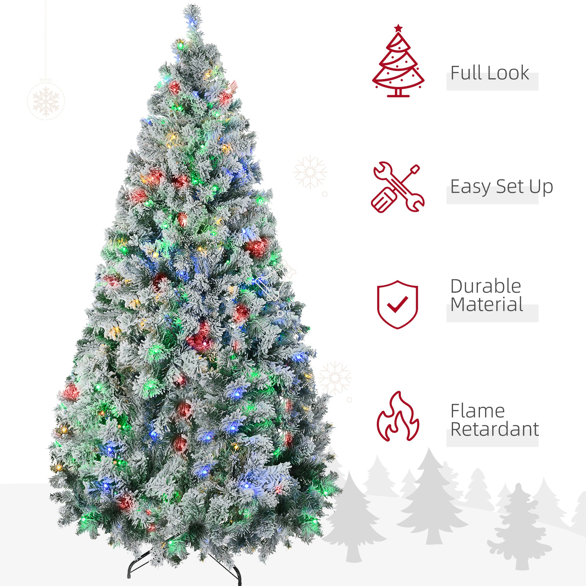 9' Artificial Snow Christmas Trees with Frosted Branches, Warm White or Colorful LED Lights, Steel Base