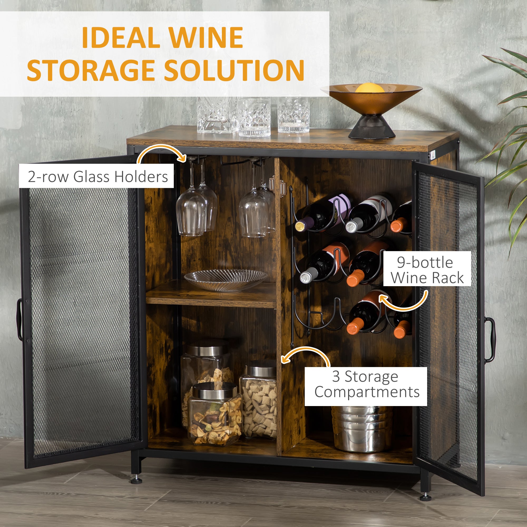 Industrial Wine Cabinet with 9 Bottle Wine Rack Retro Liquor Cabinet with Glass Holders Rustic Brown