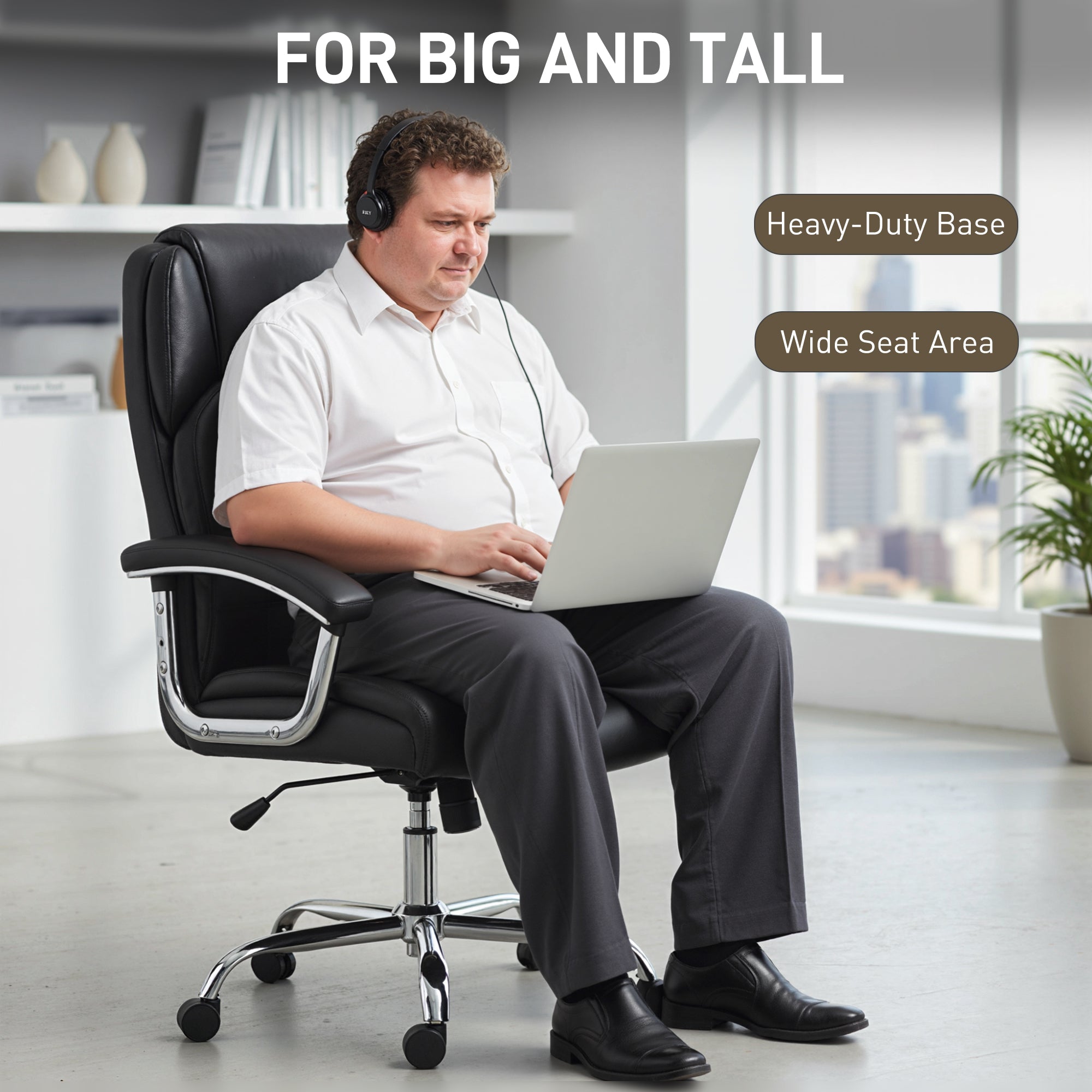 Big and Tall Office Chair 180kg, Executive PU Leather Desk Chair with Spring Cushion, Wide Seat, High Back, Adjustable Height, Swivel Wheels, Built-in Headrest, Tilt Function, Black