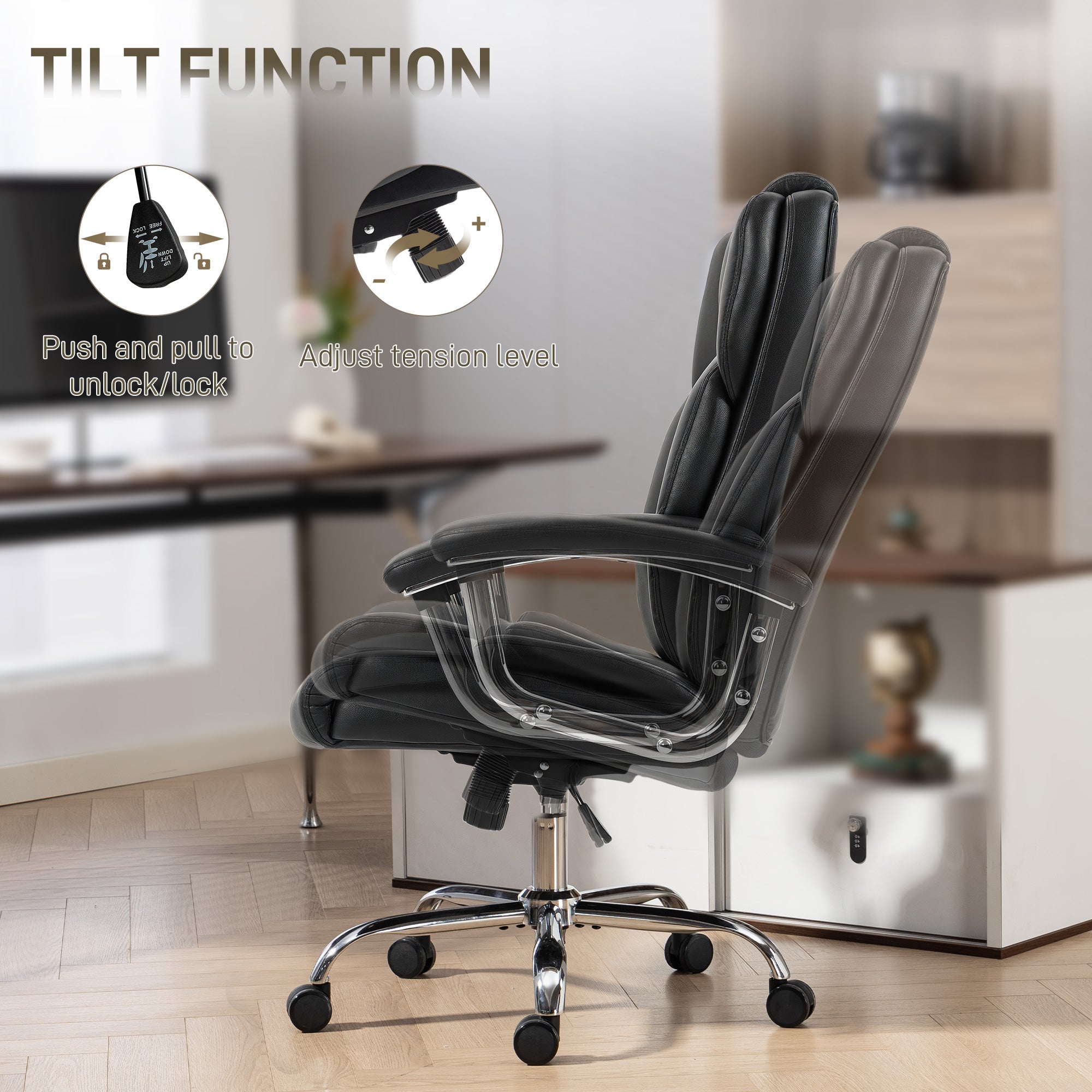 Big and Tall Office Chair 180kg, Executive PU Leather Desk Chair with Spring Cushion, Wide Seat, High Back, Adjustable Height, Swivel Wheels, Built-in Headrest, Tilt Function, Black