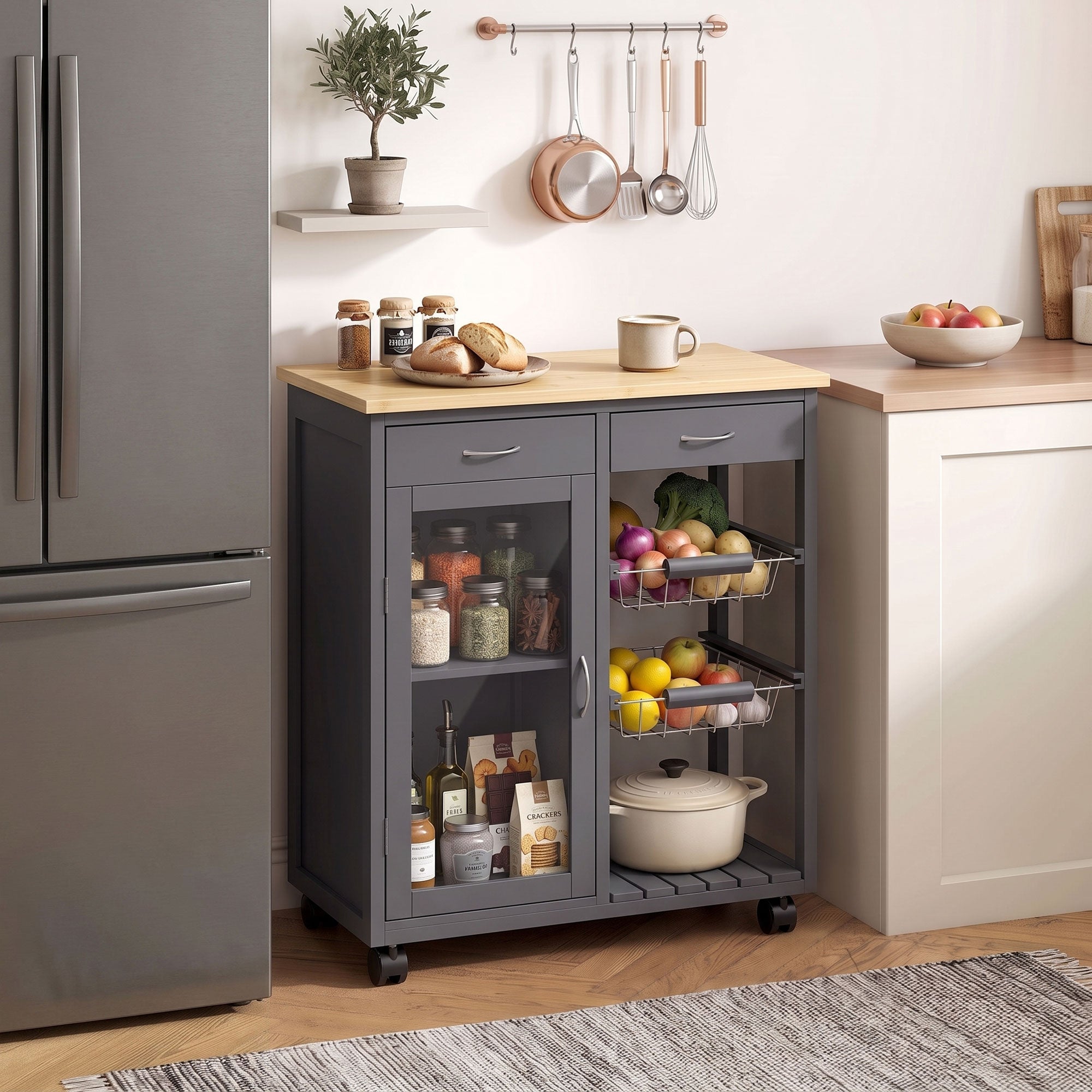 Rolling Kitchen Trolley, Bamboo Kitchen Island with Glass Door, 2 Metal Wire Baskets, 2 Drawers & Adjustable Shelf, 67 x 35 x 80 cm, Grey