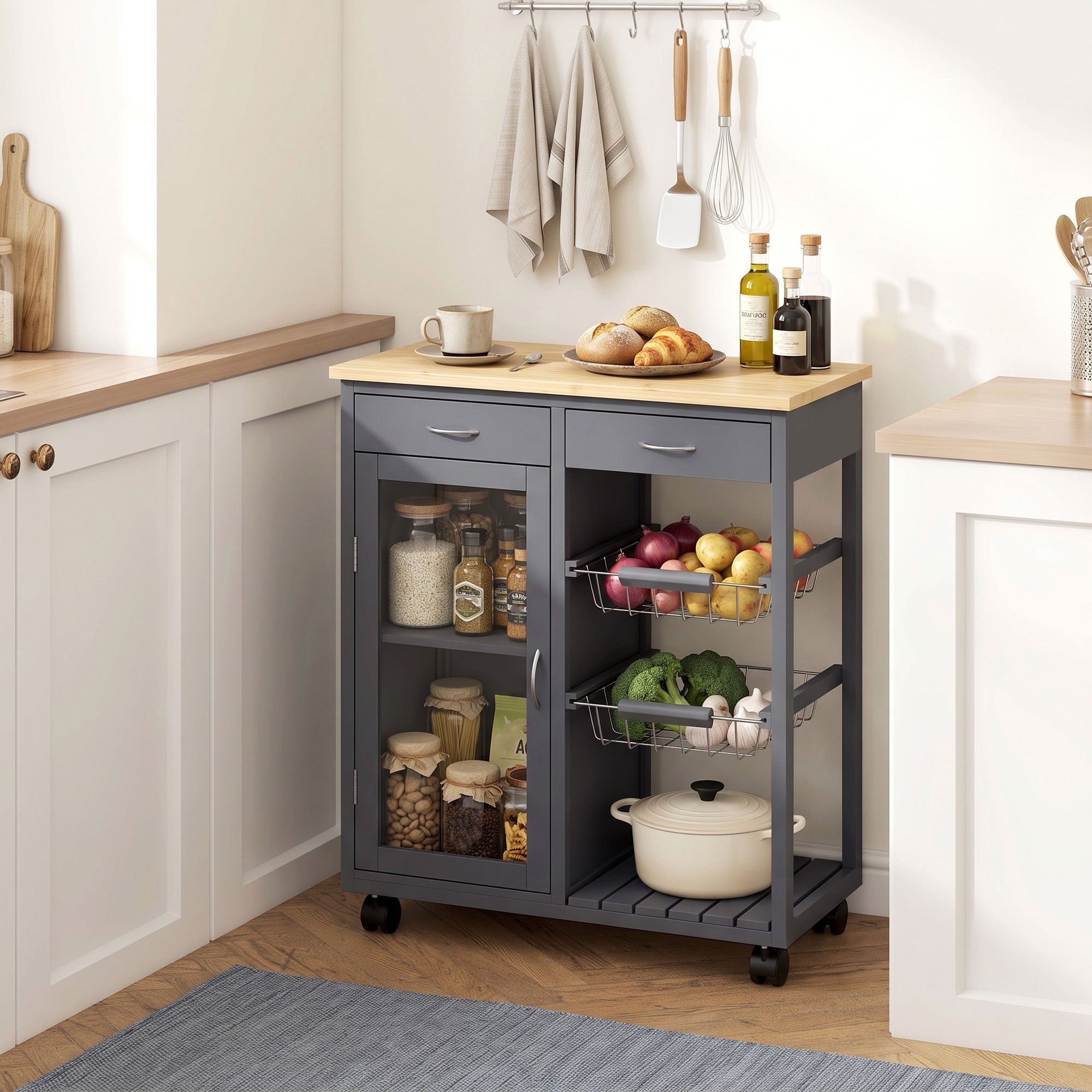 Rolling Kitchen Trolley, Bamboo Kitchen Island with Glass Door, 2 Metal Wire Baskets, 2 Drawers & Adjustable Shelf, 67 x 35 x 80 cm, Grey