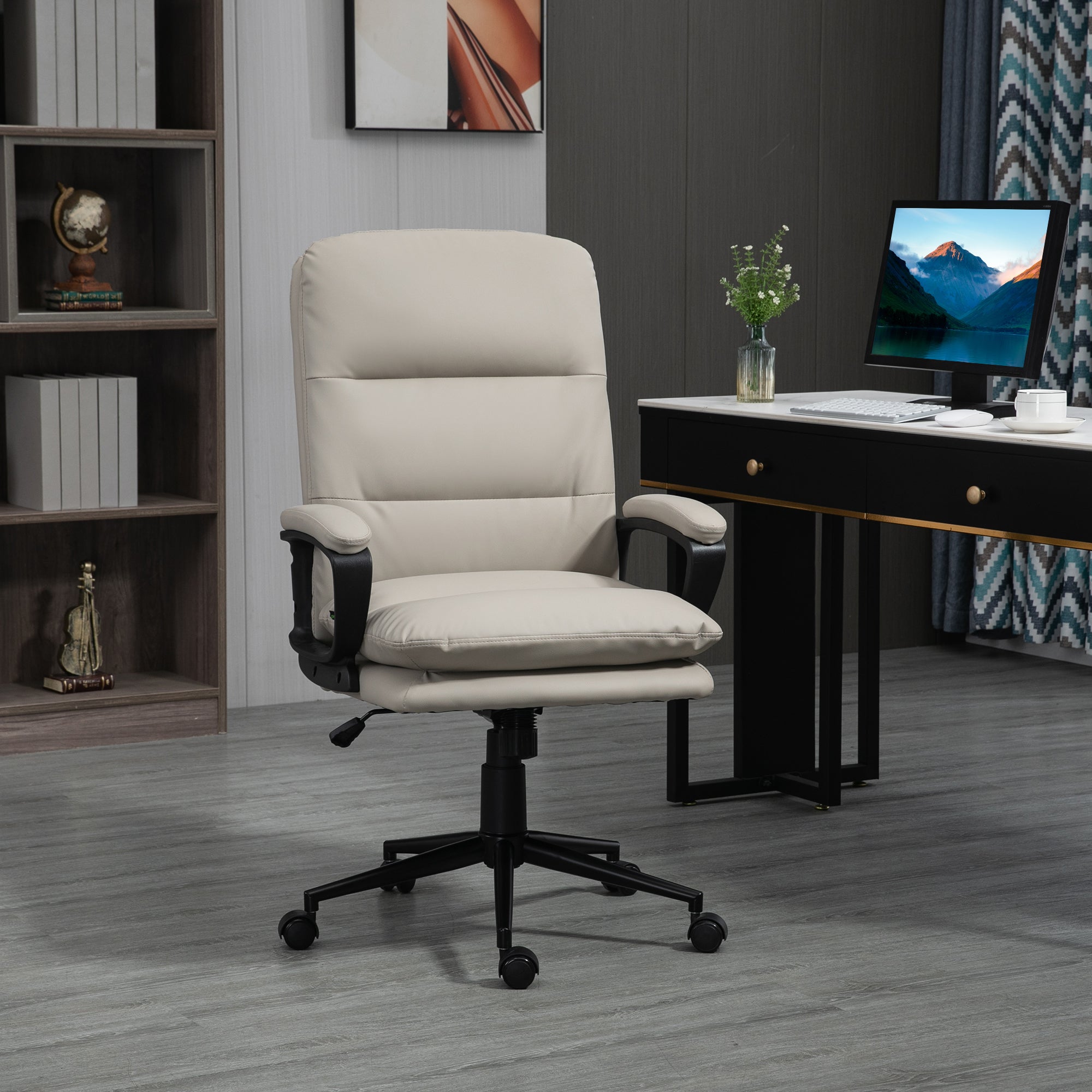 Vinsetto Ergonomic Computer Desk Chair, PU Leather Office Chair with Adjustable Height and Swivel Rolling Wheels for Work Study, Light Grey