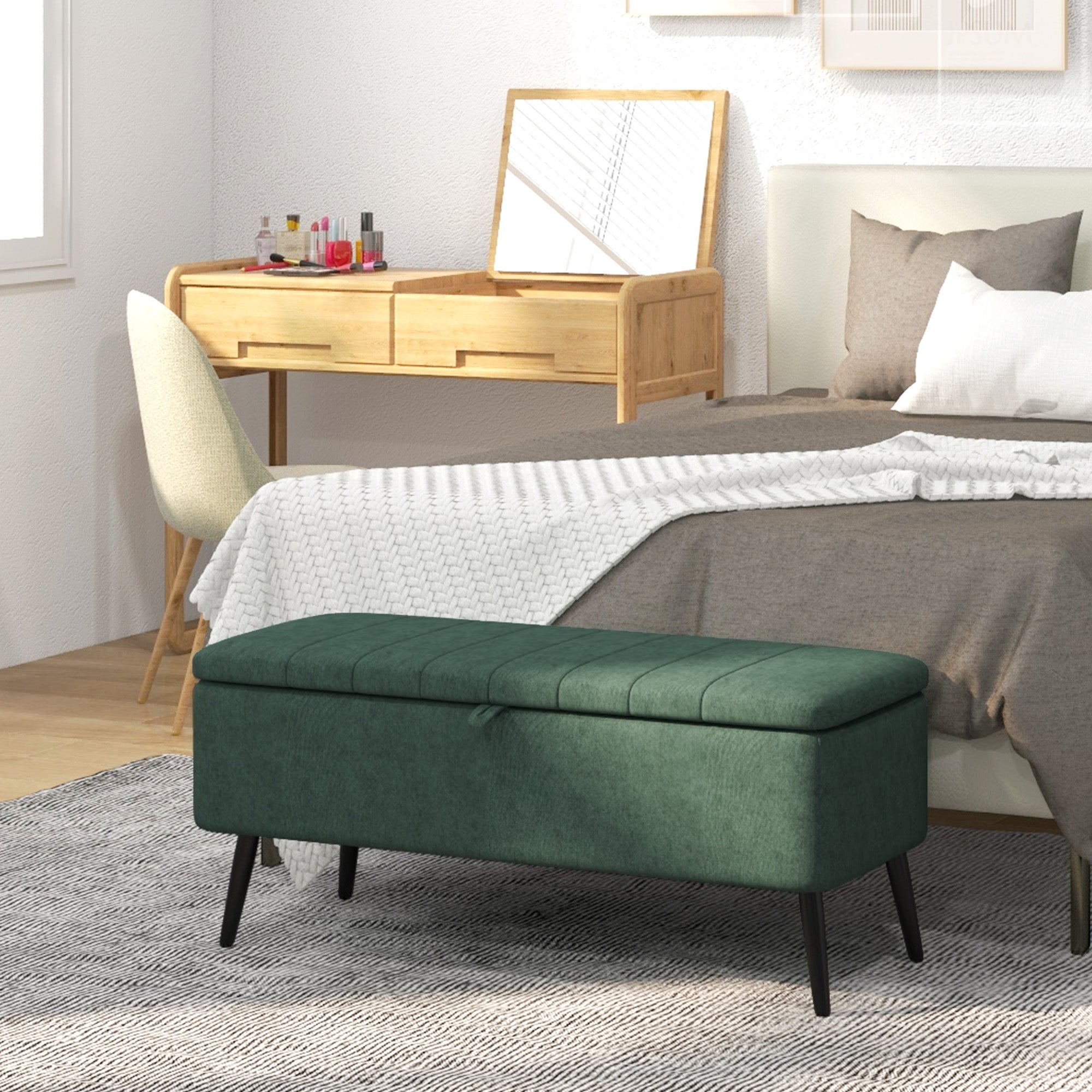 HOMCOM Storage Ottoman with Flip Top, Rectangular Upholstered Bench, Linen Fabric Footstool with Steel Legs for Living Room, Bedroom, Dark Green
