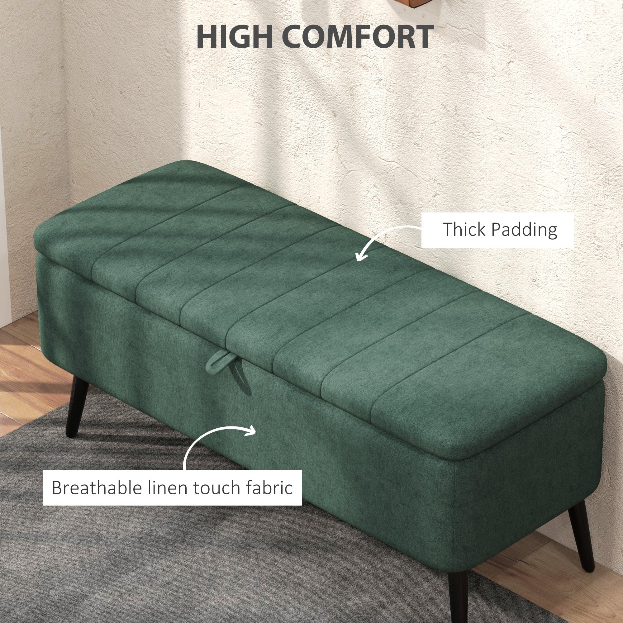 HOMCOM Storage Ottoman with Flip Top, Rectangular Upholstered Bench, Linen Fabric Footstool with Steel Legs for Living Room, Bedroom, Dark Green