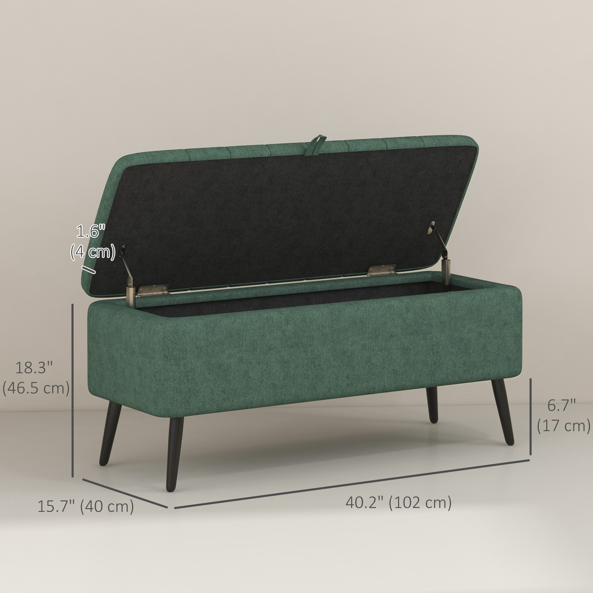 HOMCOM Storage Ottoman with Flip Top, Rectangular Upholstered Bench, Linen Fabric Footstool with Steel Legs for Living Room, Bedroom, Dark Green