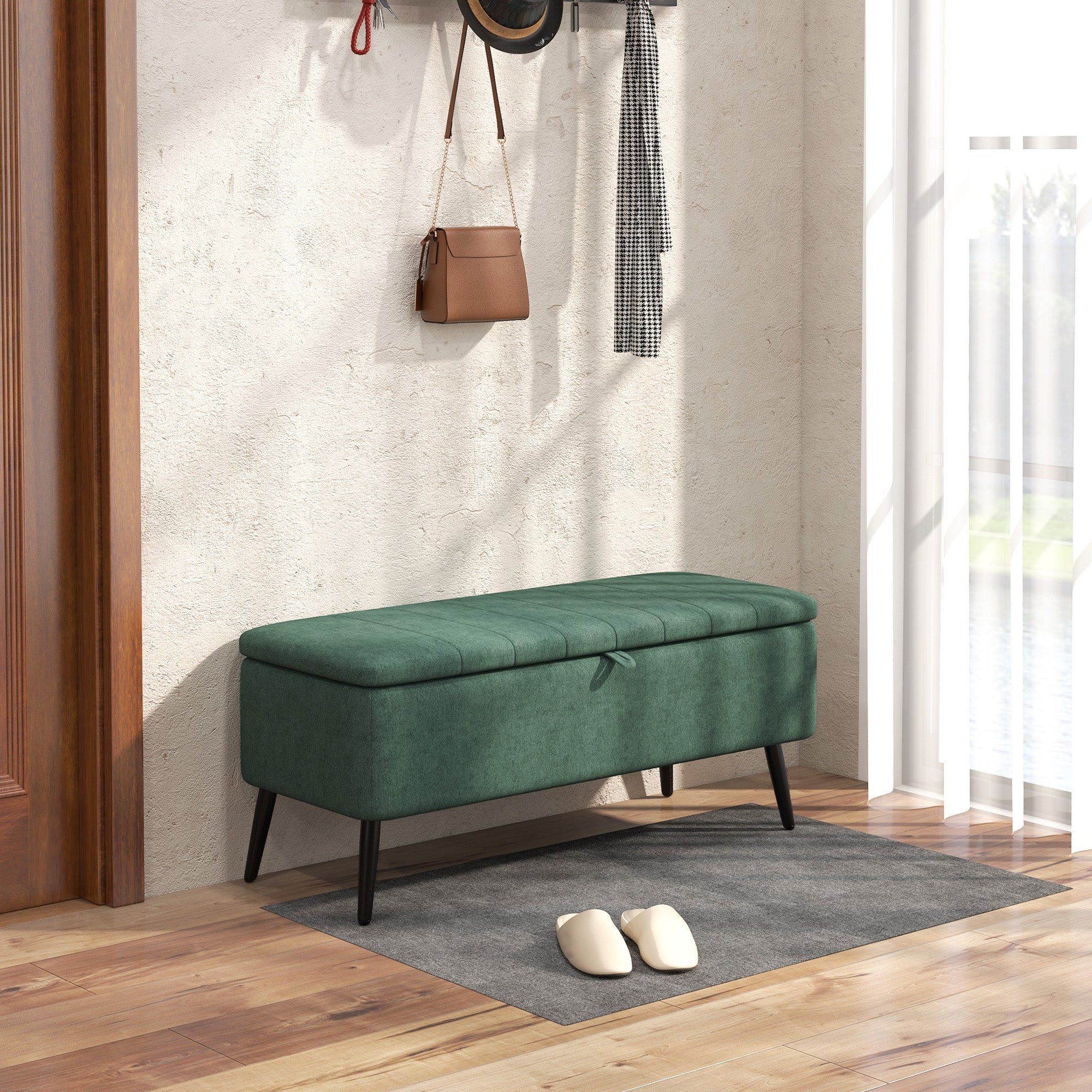 HOMCOM Storage Ottoman with Flip Top, Rectangular Upholstered Bench, Linen Fabric Footstool with Steel Legs for Living Room, Bedroom, Dark Green