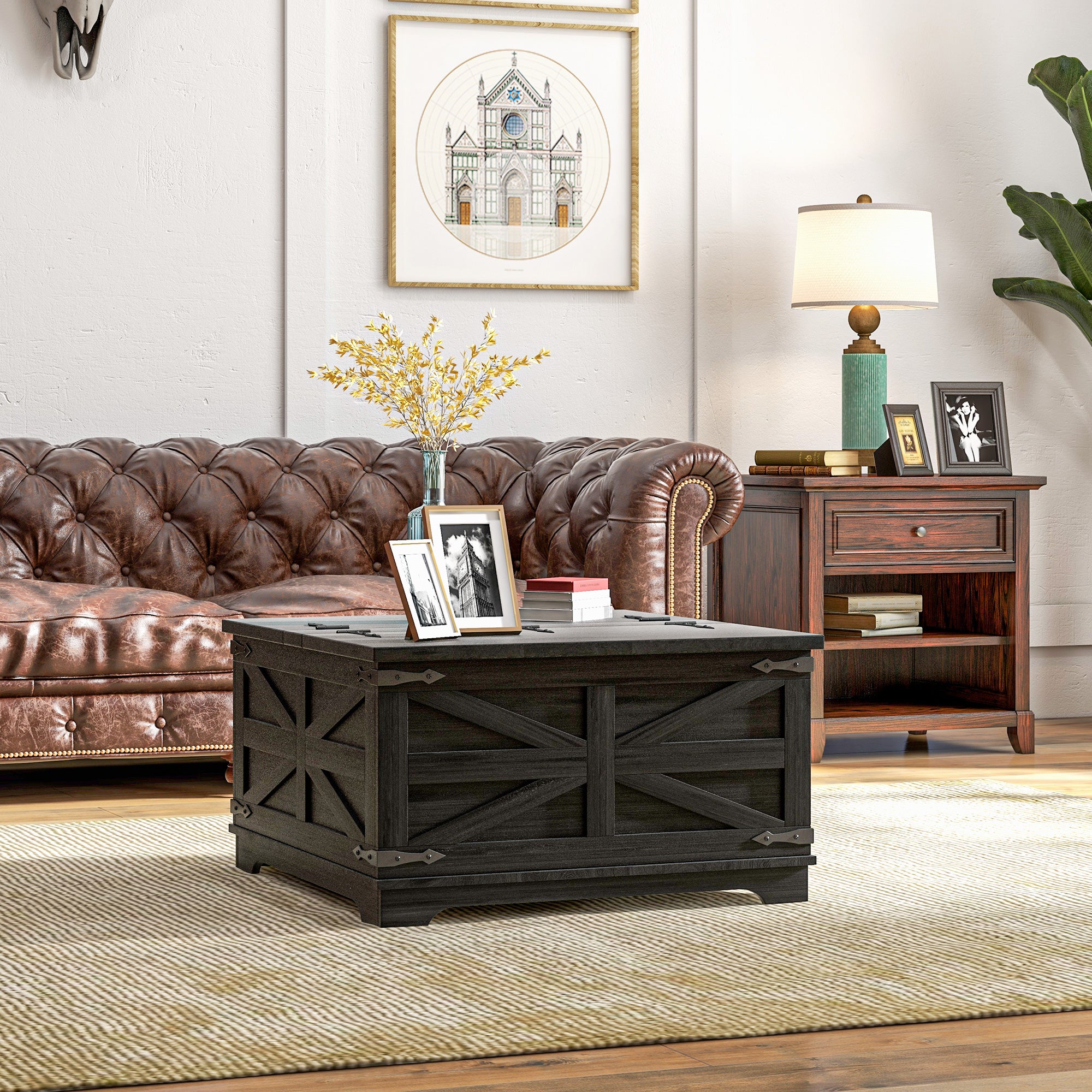 Farmhouse Coffee Table, Square Center Table with Flip-top Lids, Hidden Storage Compartment, Distressed Black