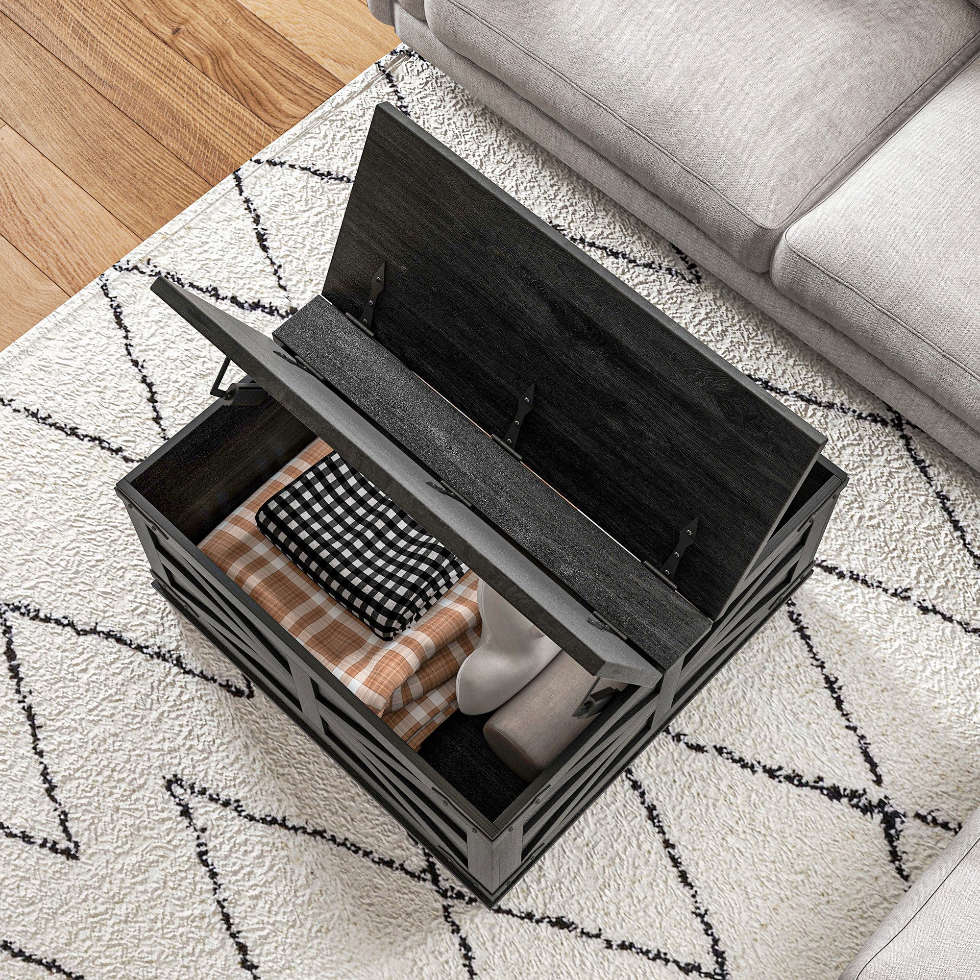 Farmhouse Coffee Table, Square Center Table with Flip-top Lids, Hidden Storage Compartment, Distressed Black