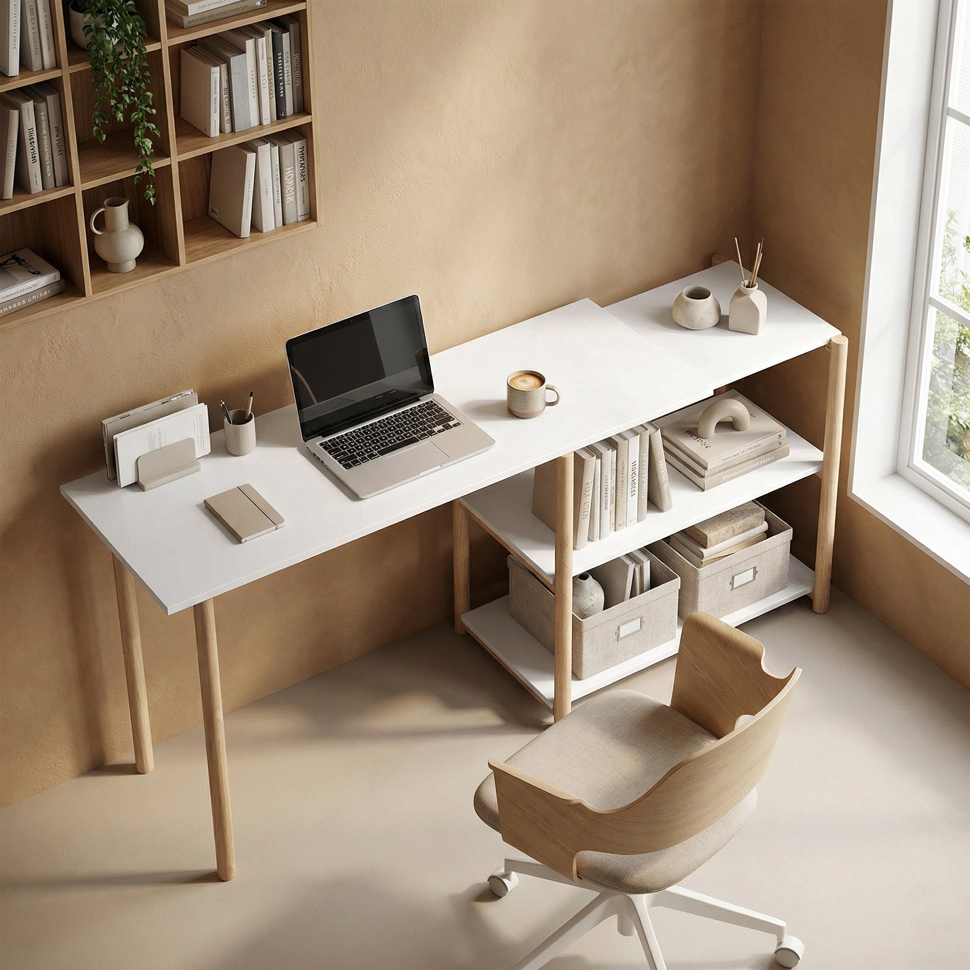 Computer Desk, Modern Writing Desk with Storage Shelves and Bamboo Frame, Easy Assembly Study Table for Home Office, Bedroom, 150 cm, White and Oak