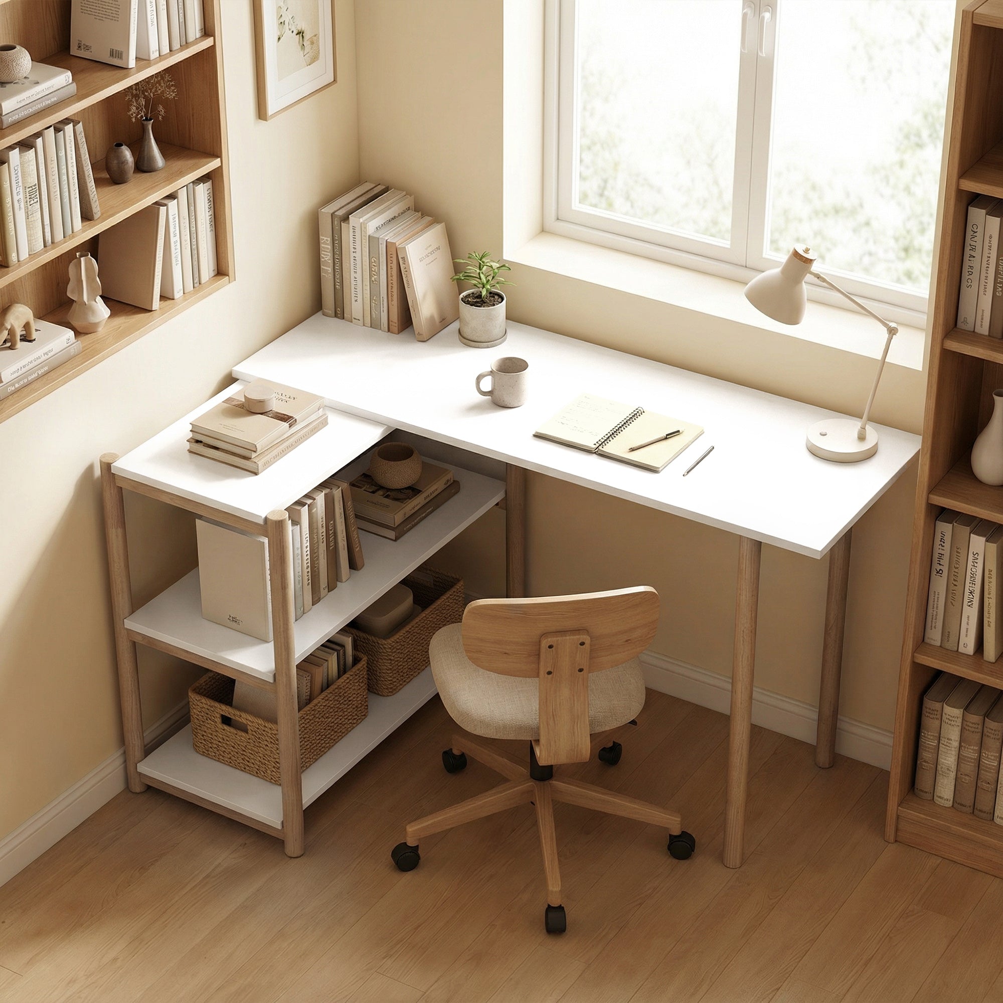 Computer Desk, Modern Writing Desk with Storage Shelves and Bamboo Frame, Easy Assembly Study Table for Home Office, Bedroom, 150 cm, White and Oak
