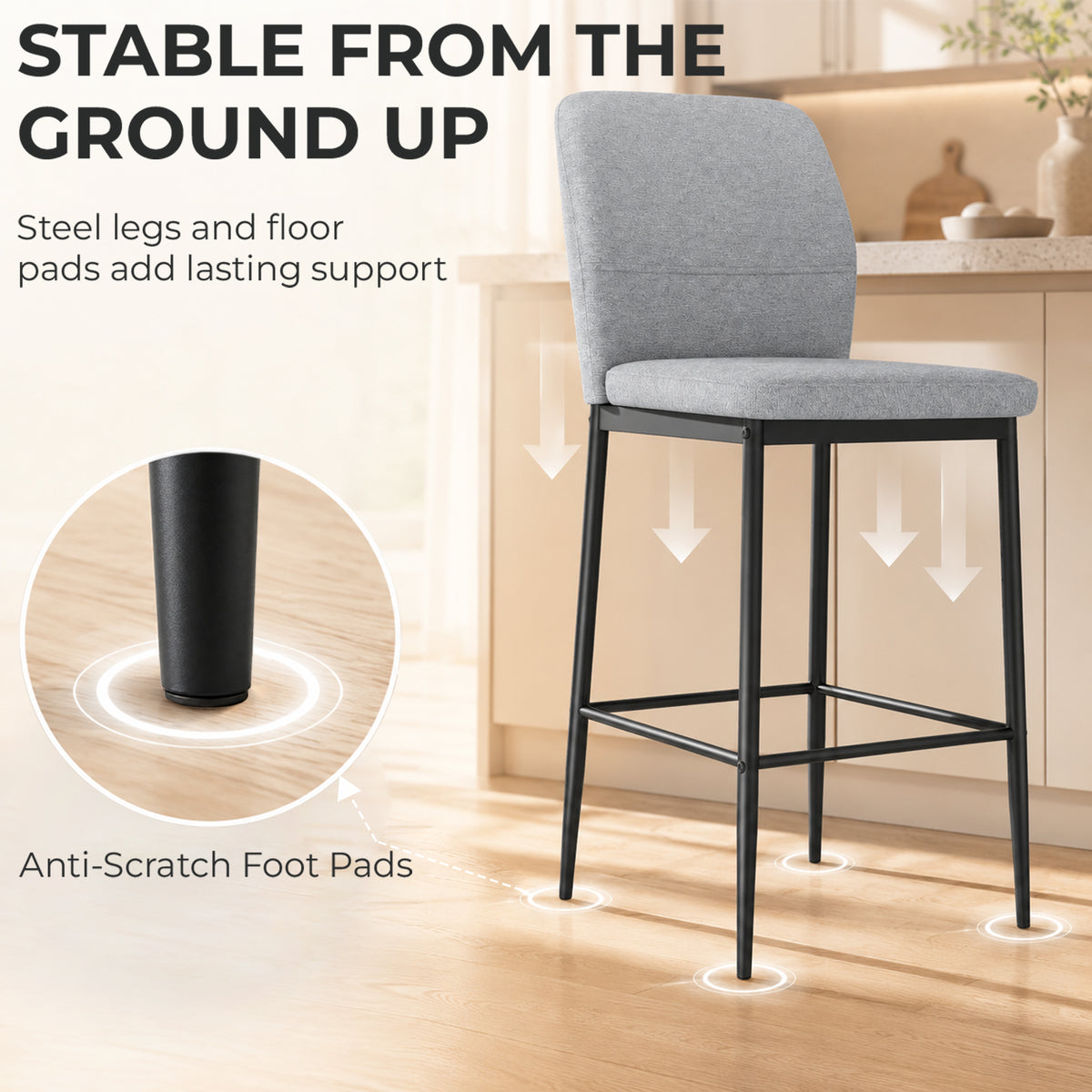 Set of 2 Velvet Bar Stools, Modern Tall Barstools with Footrest and Backrest for Kitchen Counter, Breakfast Bar, Grey