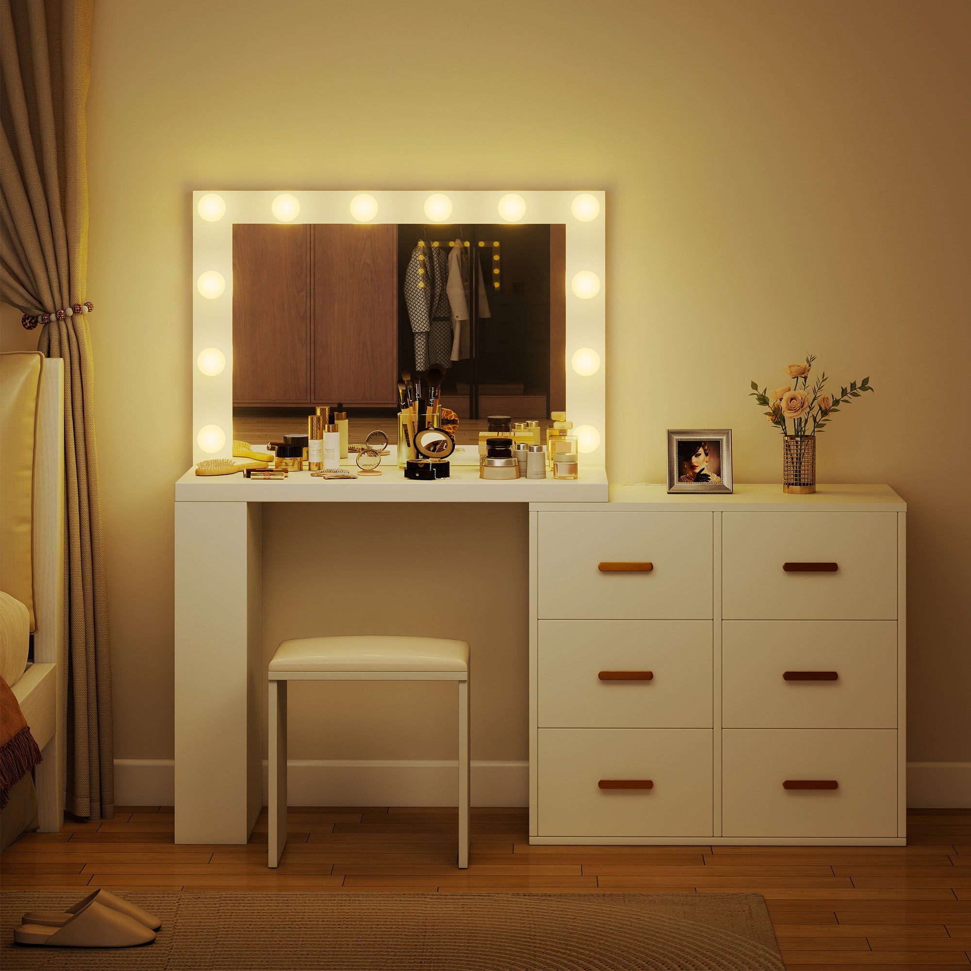 Vanity Desk with Mirror and 12 LED Lights, Makeup Table with Power Outlet, 3 Light Colour, 6 Drawers and 2 Open Shelves, Dressing Table for Bedroom, Dressing Room, White