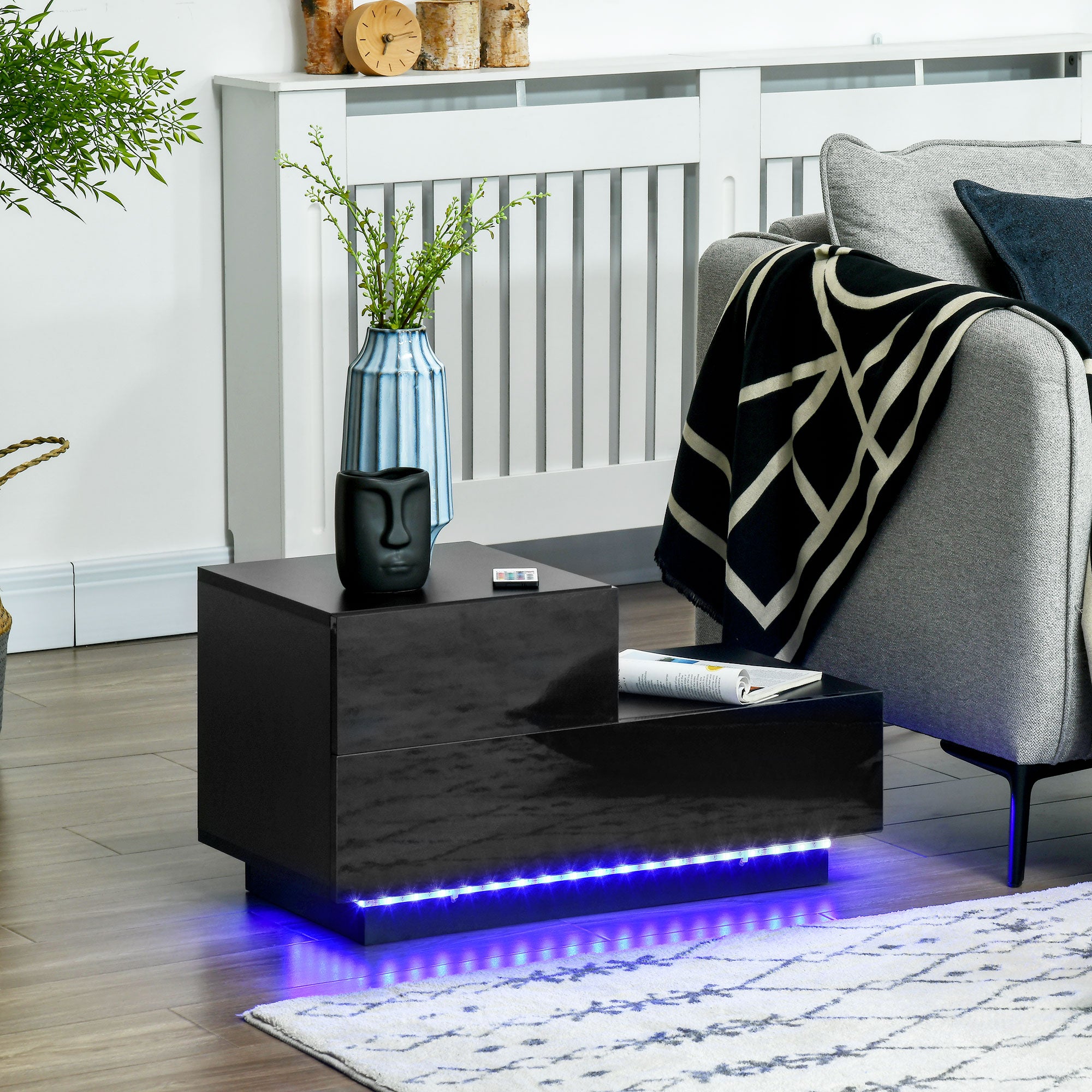 HOMCOM Bedside Table with LED Light, Nightstand with 2 Drawers and High Gloss Front, USB Powered Side Table with Remote for Bedroom, Living Room, Black