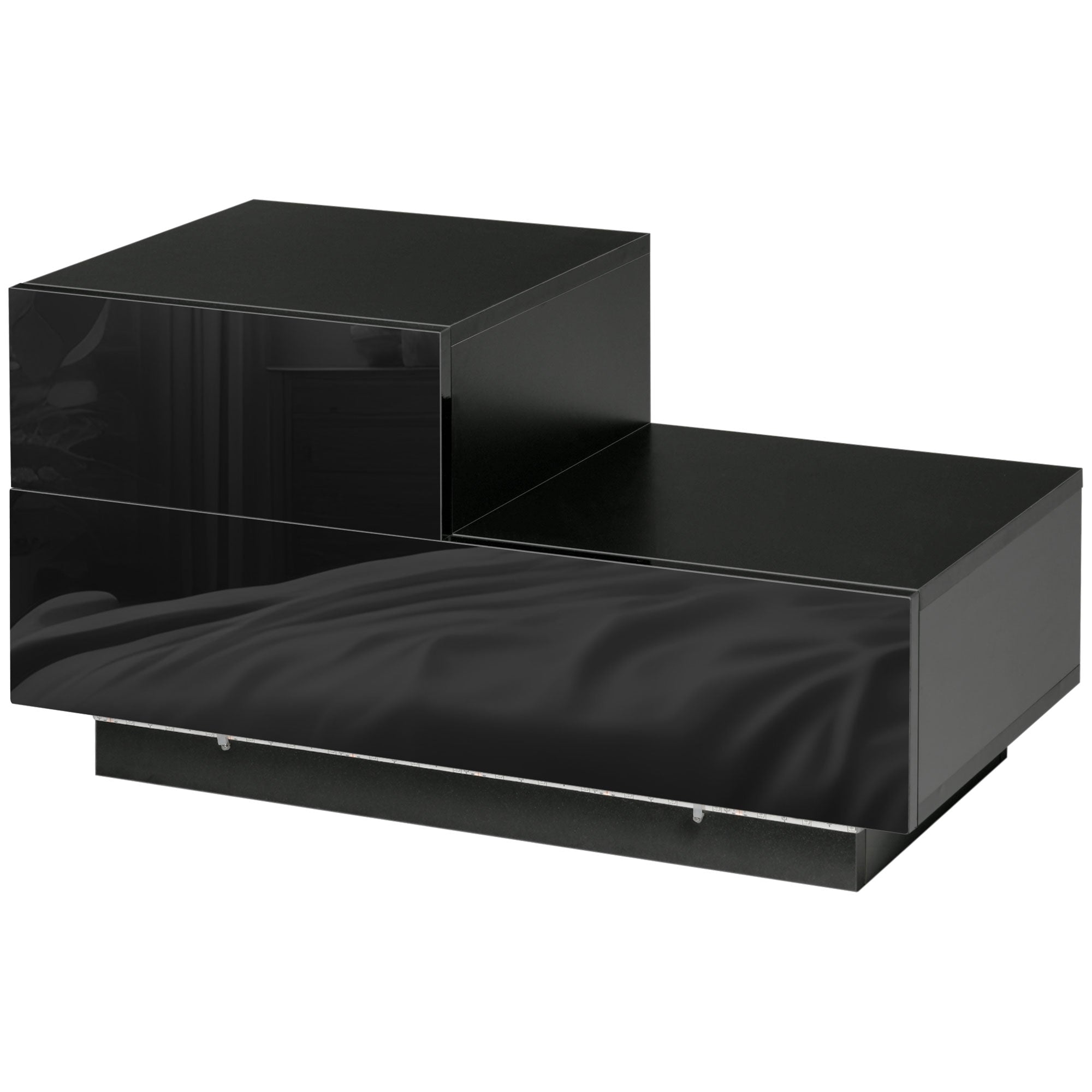 HOMCOM Bedside Table with LED Light, Nightstand with 2 Drawers and High Gloss Front, USB Powered Side Table with Remote for Bedroom, Living Room, Black