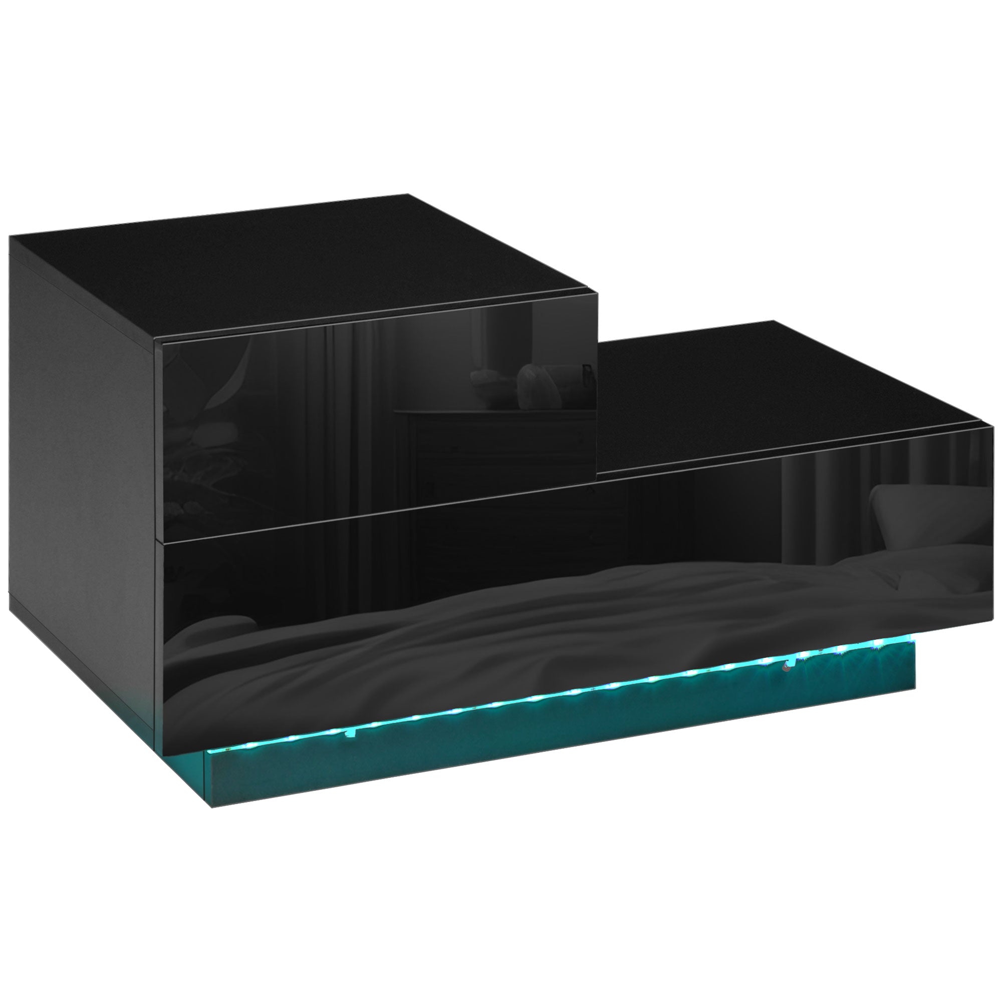 HOMCOM Bedside Table with LED Light, Nightstand with 2 Drawers and High Gloss Front, USB Powered Side Table with Remote for Bedroom, Living Room, Black