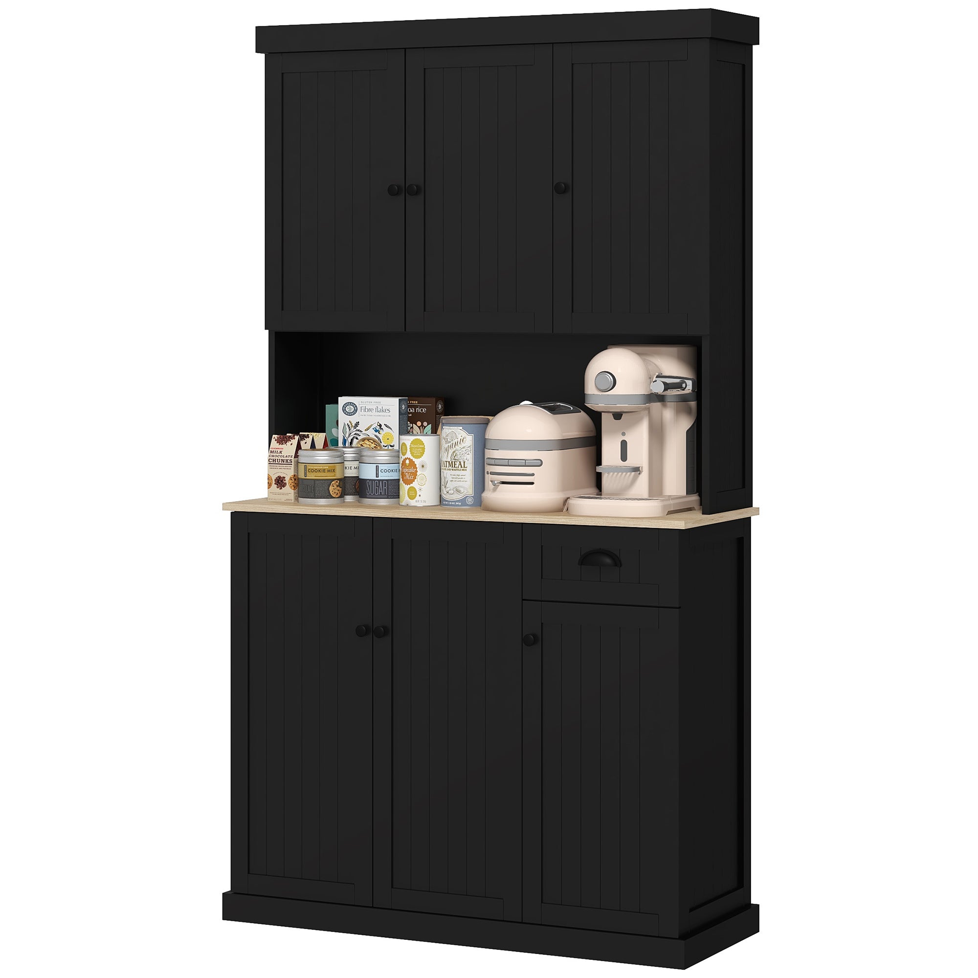 71" Kitchen Hutch with Microwave Oven Countertop, Buffet with Hutch, Drawer and Cupboard, Black