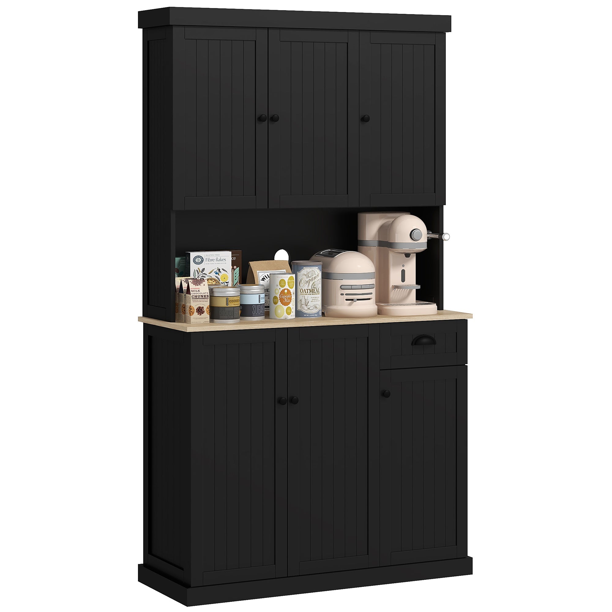 71" Kitchen Hutch with Microwave Oven Countertop, Buffet with Hutch, Drawer and Cupboard, Black