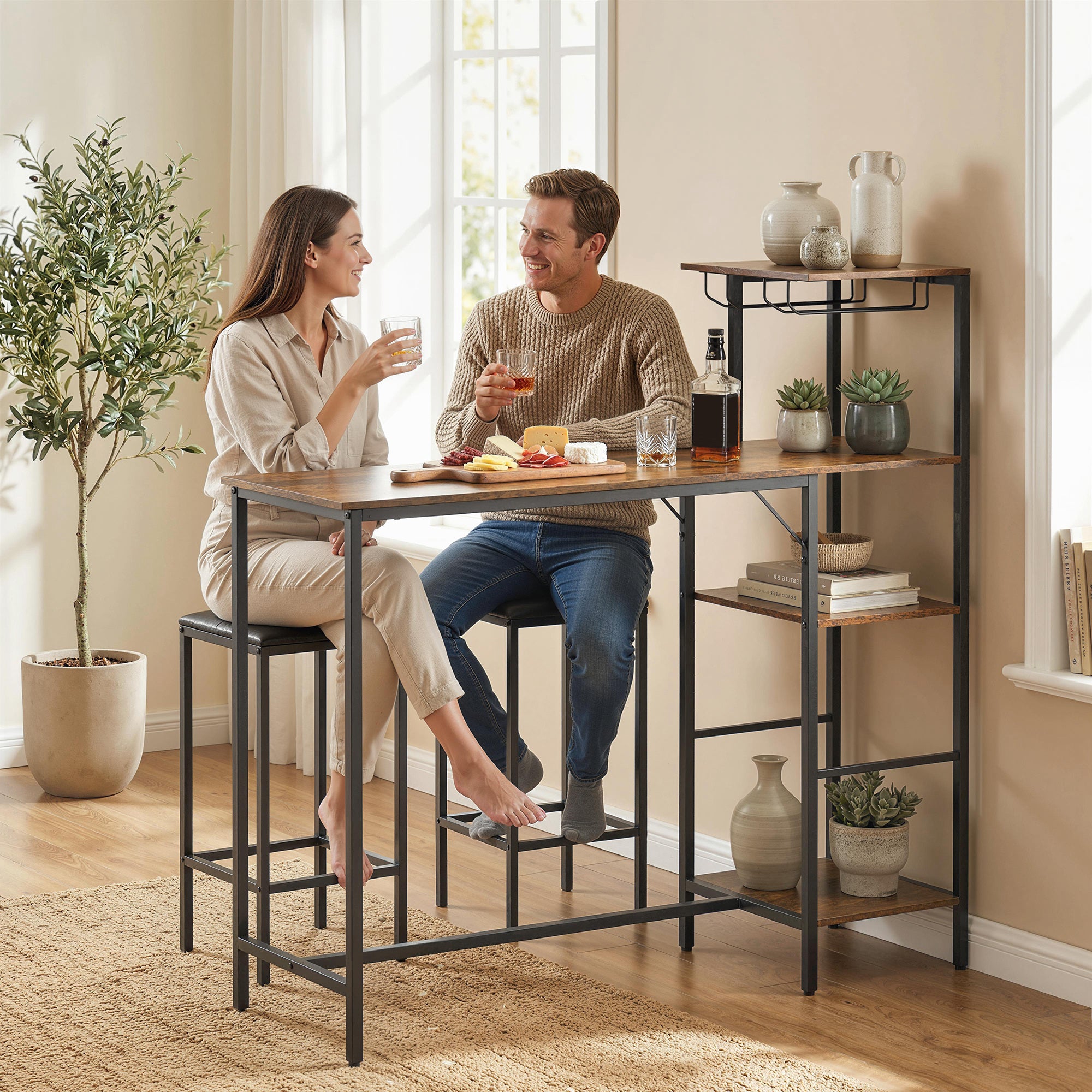 3 Piece Breakfast Bar Table and Stools Set, Dining Table with 4-tier shelving and Glasses Holders, 2 PU Leather Bar Stools with Footrest for Kitchen, Dining Room, Pub, Rustic Brown